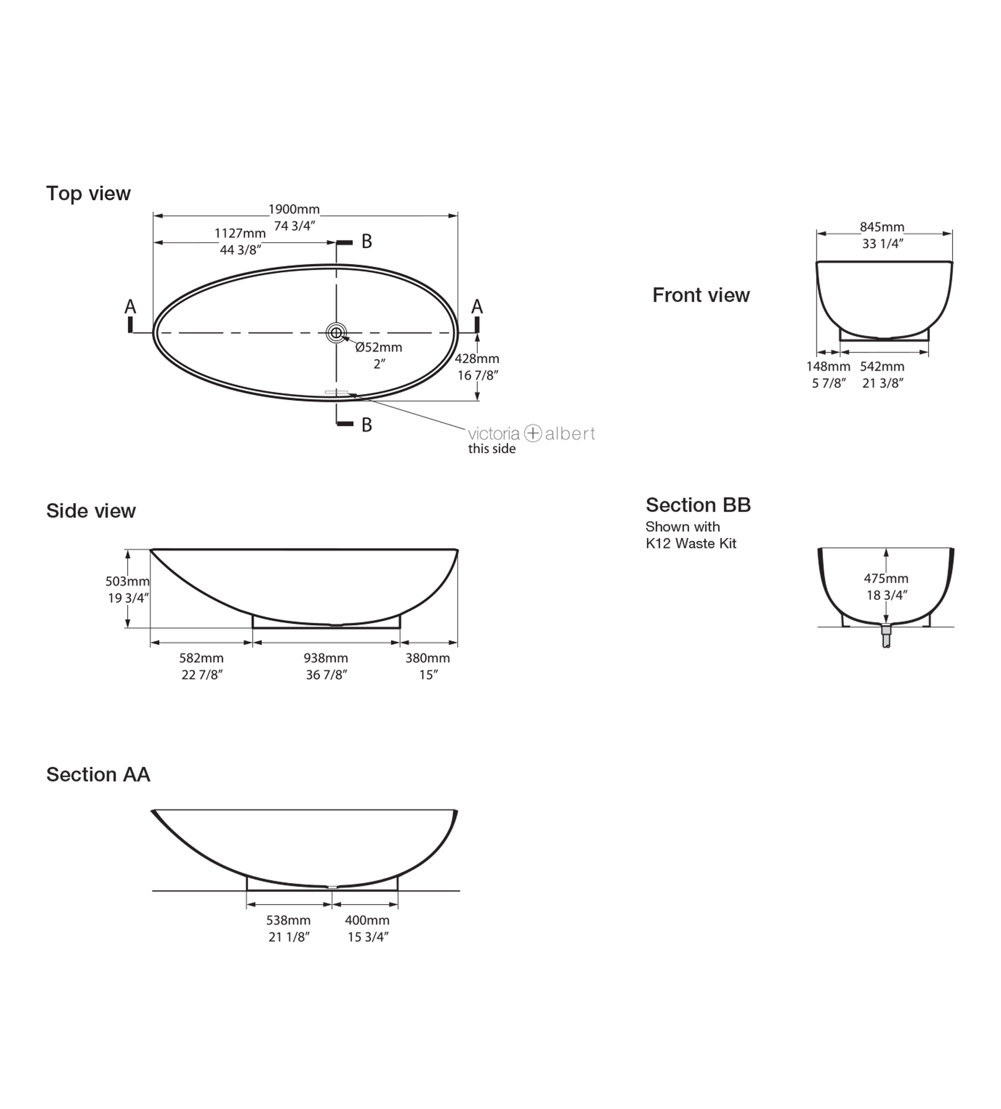 Victoria & Albert Napoli 1900mm Stone Freestanding Bath, Gloss White