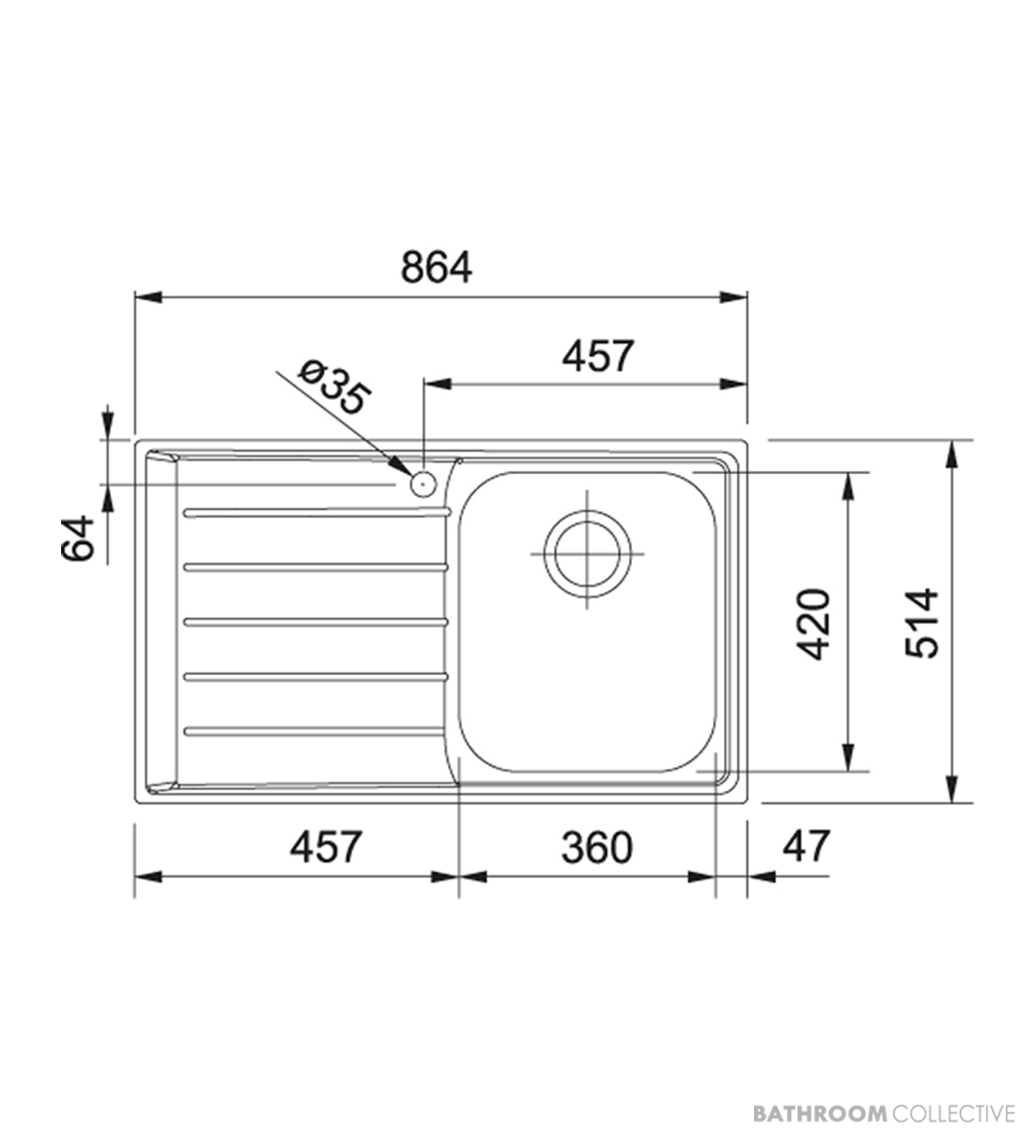 Franke Neptune Topmount Single Bowl Sink 860mm, Left Drainer, Stainless NEX611LHD