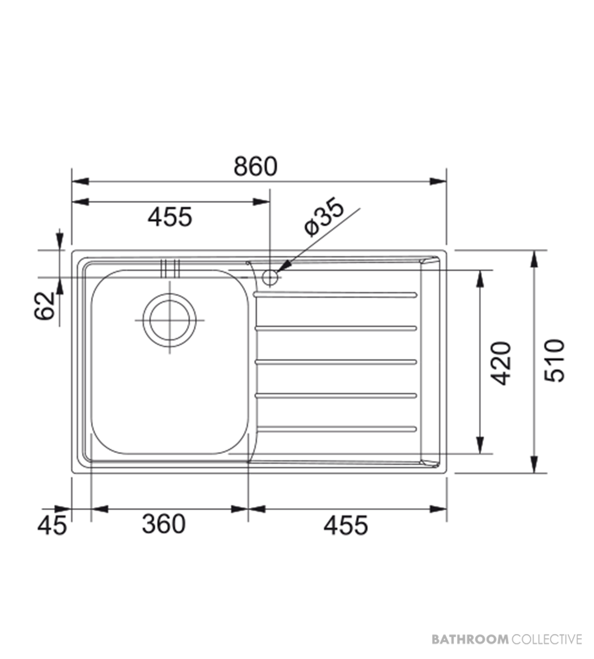 Franke Neptune Topmount Single Bowl Sink 860mm, Right Drainer, Stainless NEX611RHD