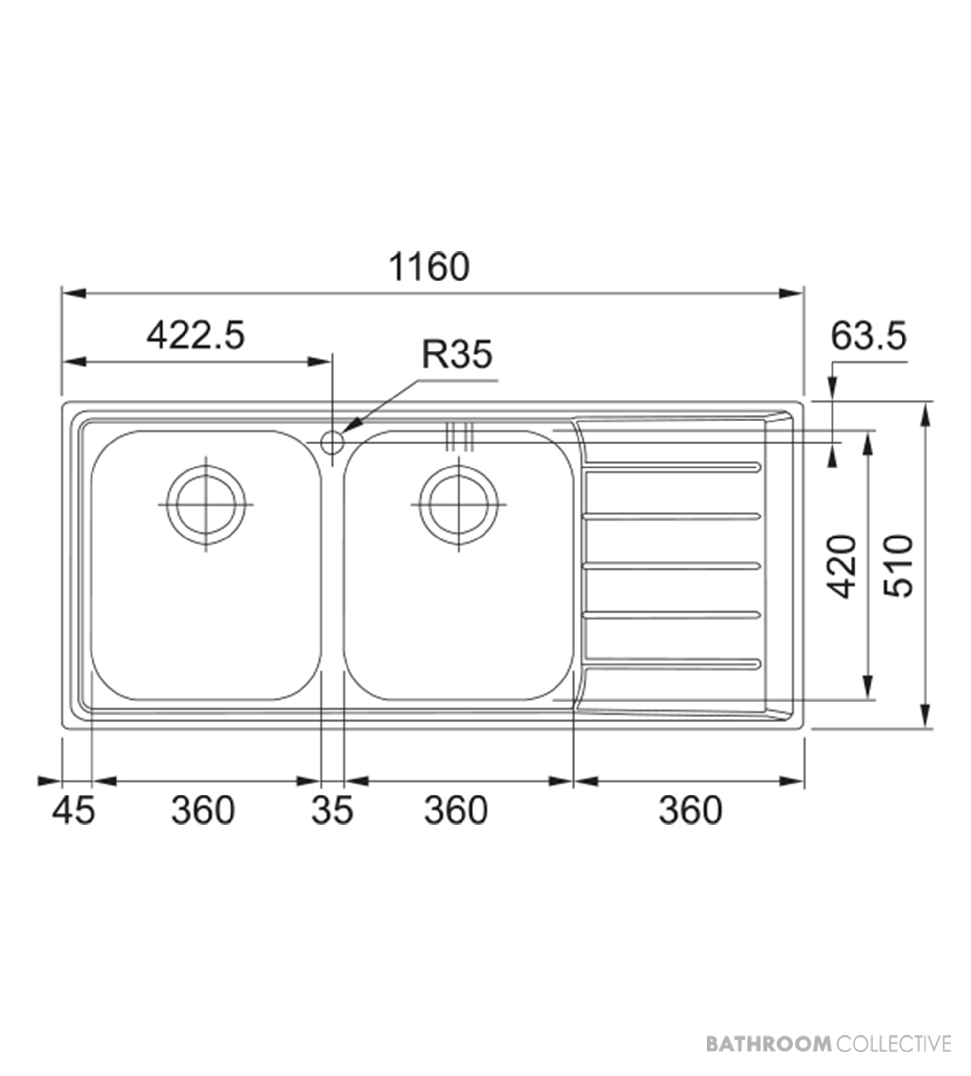 Franke Neptune Topmount Double Bowl Sink 1160mm, Right Drainer, Stainless NEX621RHD