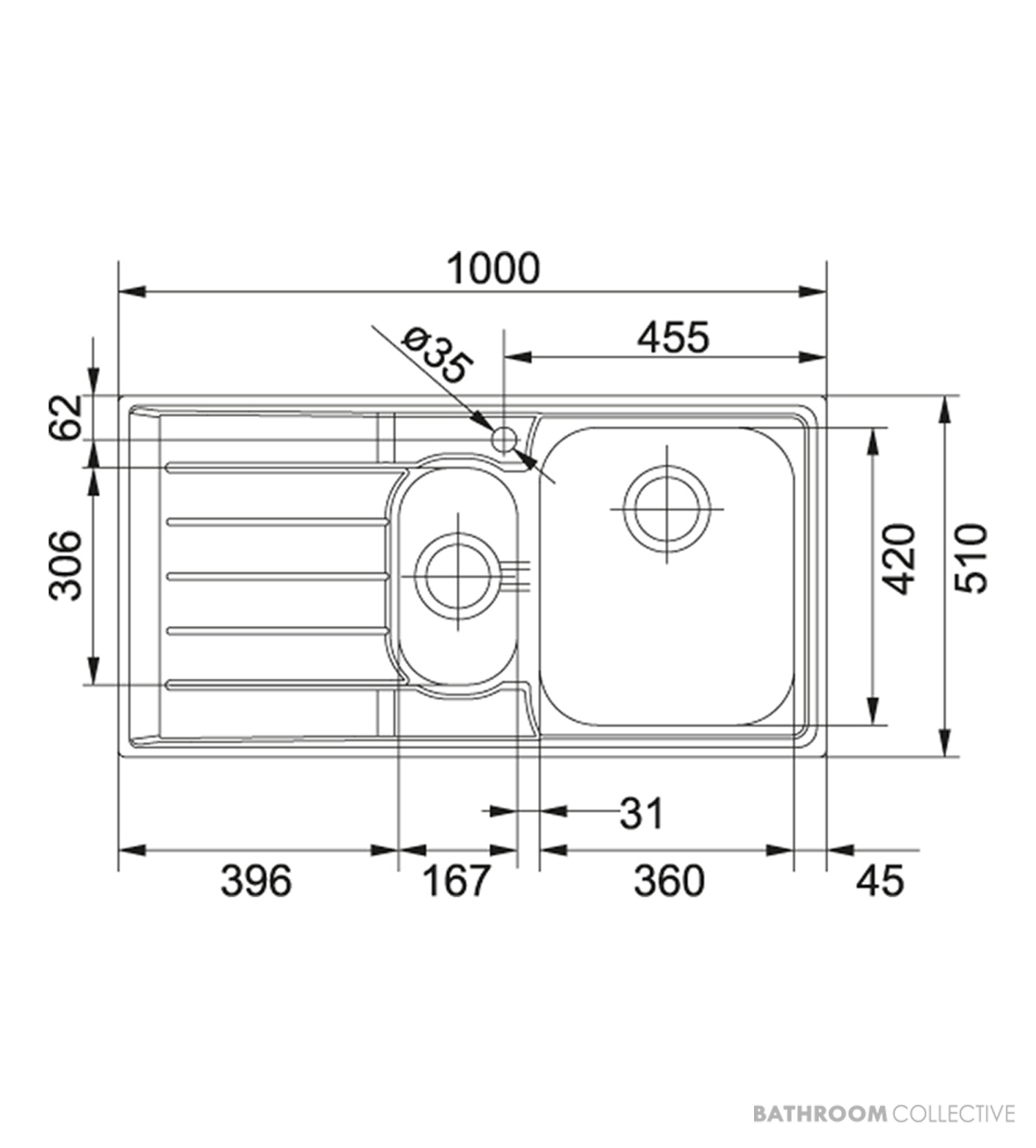 Franke Neptune Topmount 1 & 1/4 Double Bowl Sink 1000mm, Left Drainer, Stainless NEX651LHD