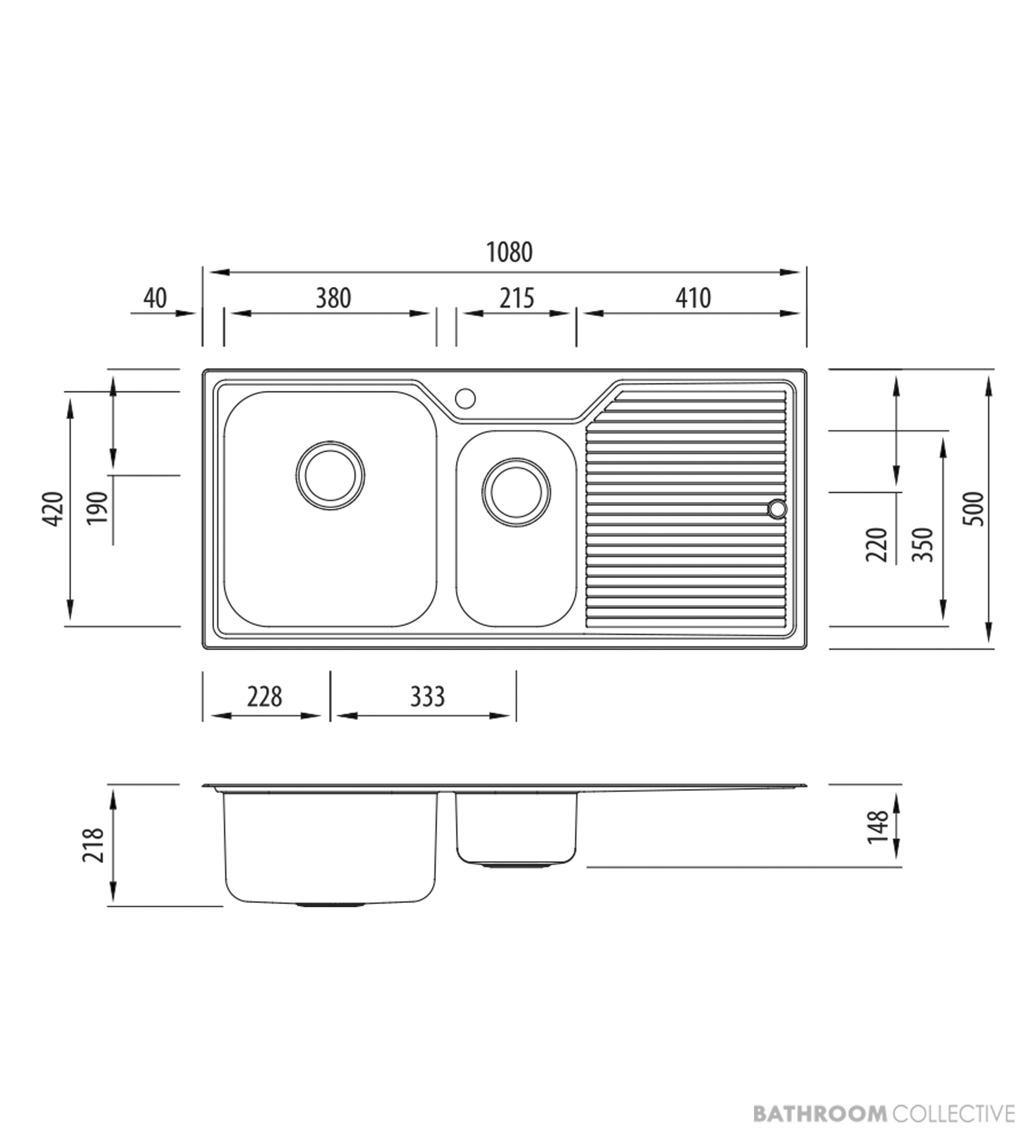 Oliveri Nu-Petite Topmount 1 & 1/2 Double Bowl Sink 1080mm, Right Drainer, Stainless NP601 1TH