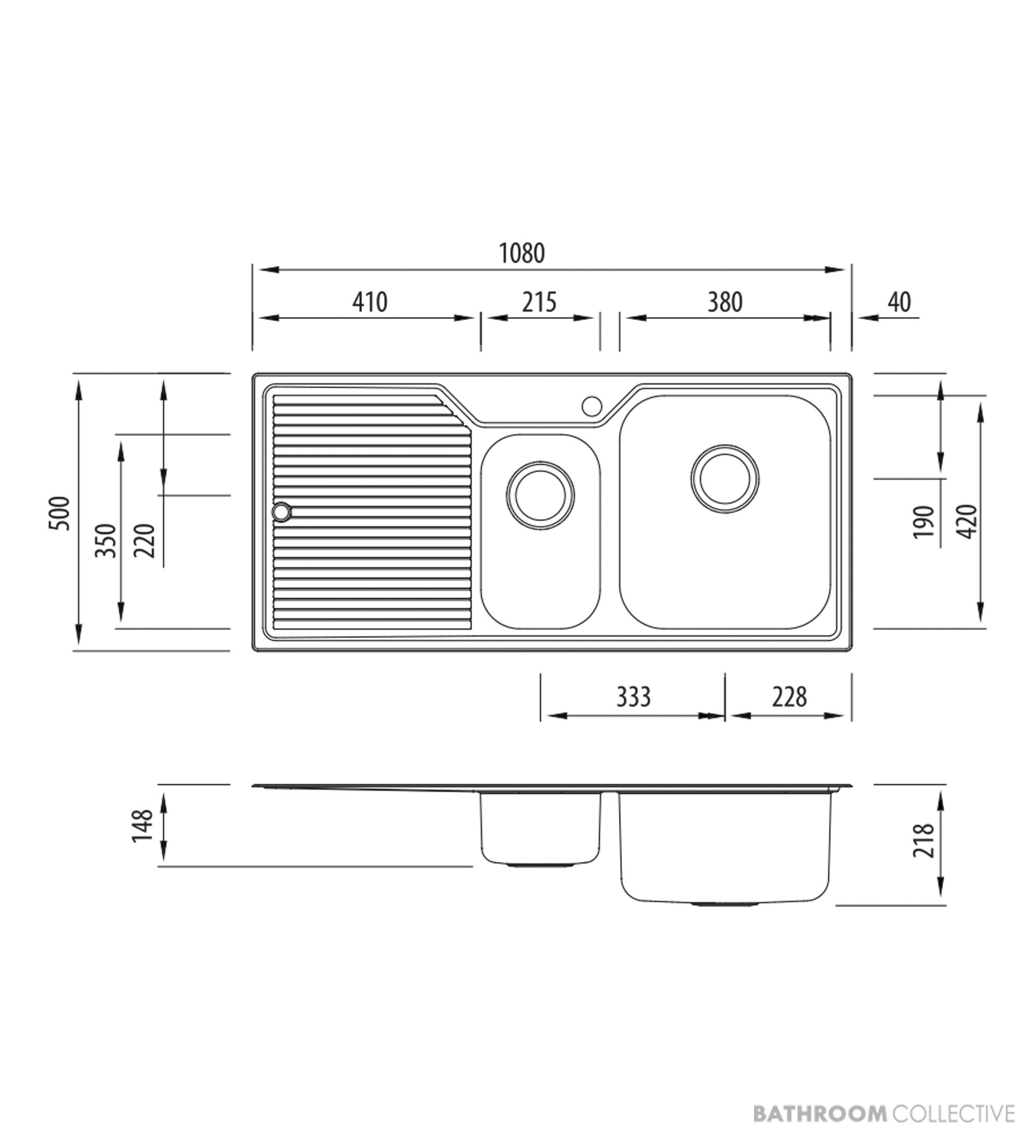 Oliveri Nu-Petite Topmount 1 & 1/2 Double Bowl Sink 1080mm, Left Drainer, Stainless NP602 1TH