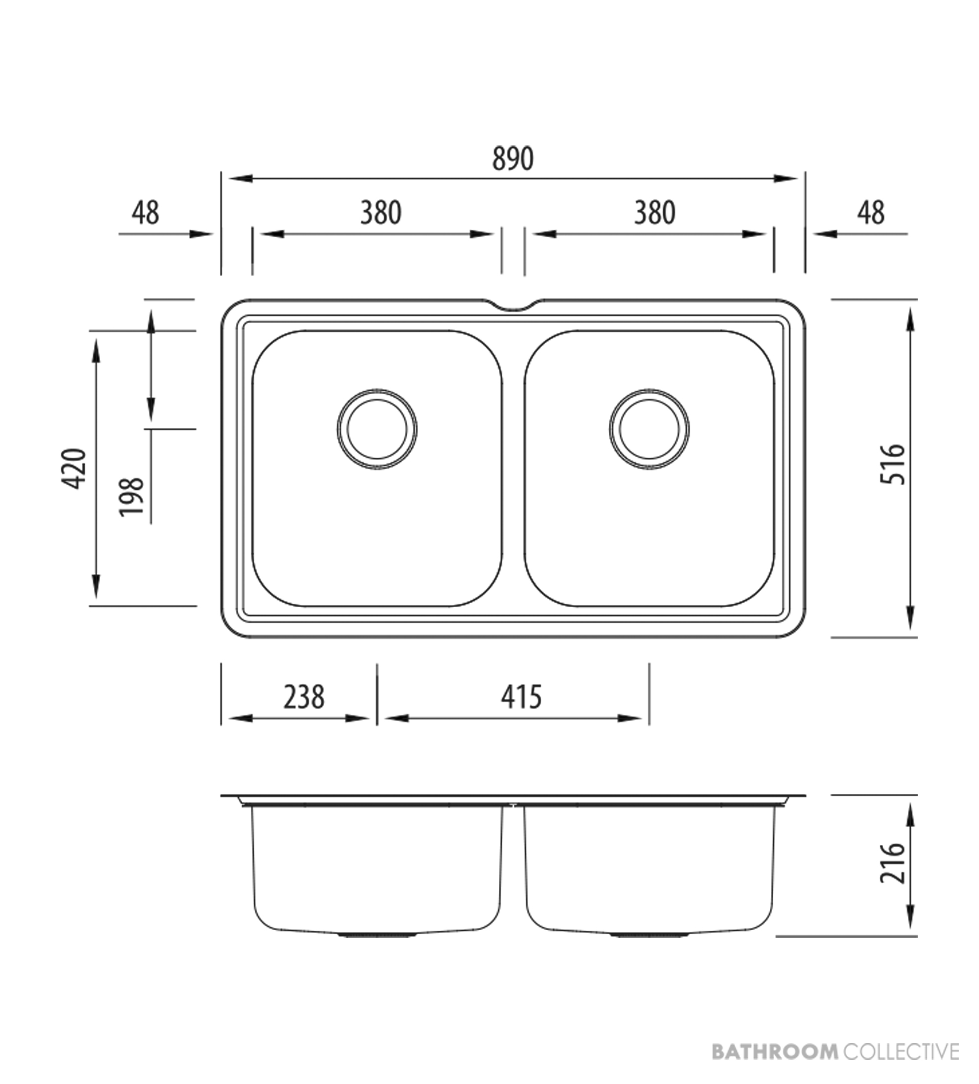 Oliveri Nu-Petite Undermount Double Bowl Sink 890mm, Stainless NP60U
