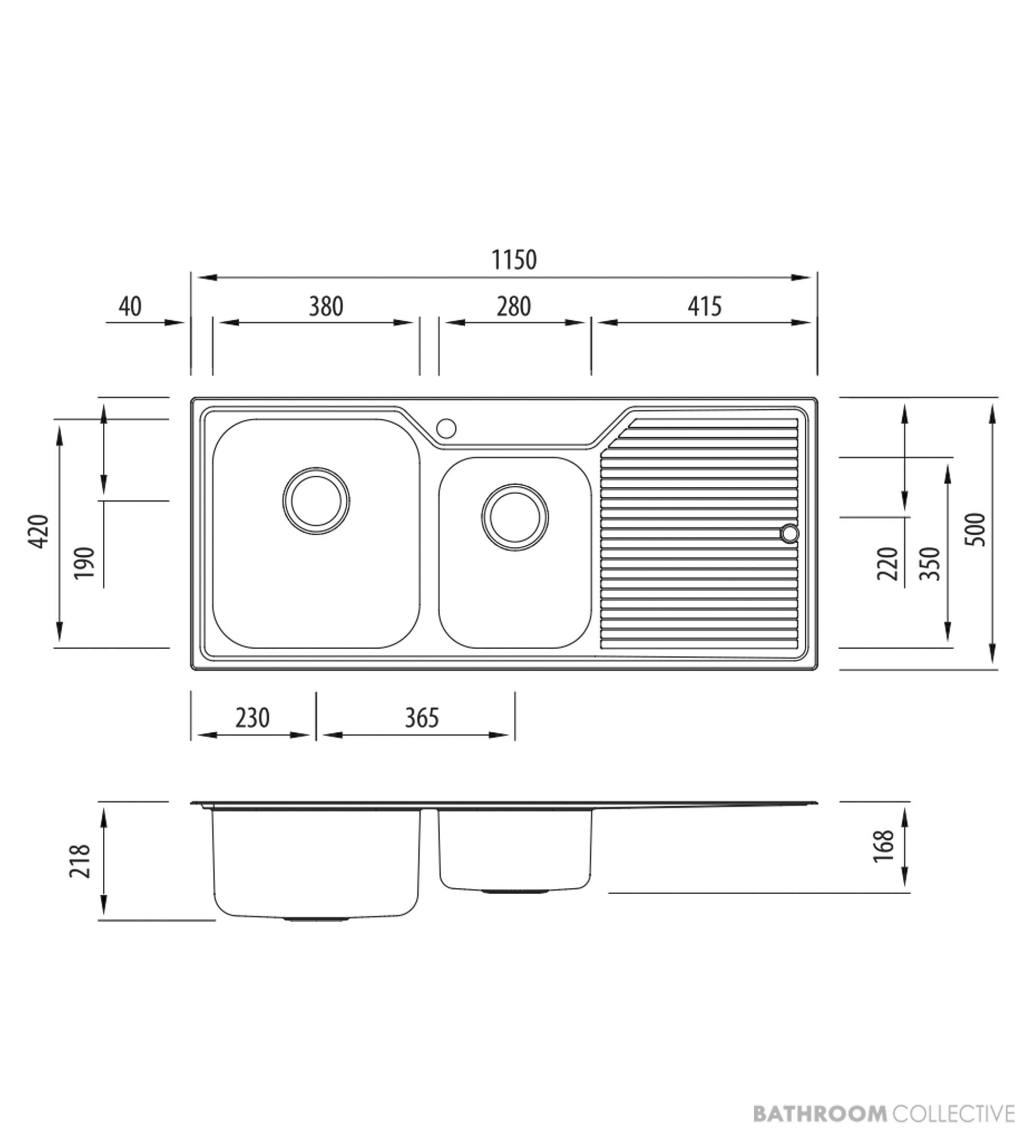 Oliveri Nu-Petite Topmount 1 & 3/4 Double Bowl Sink 1150mm, Right Drainer, Stainless NP611 1TH