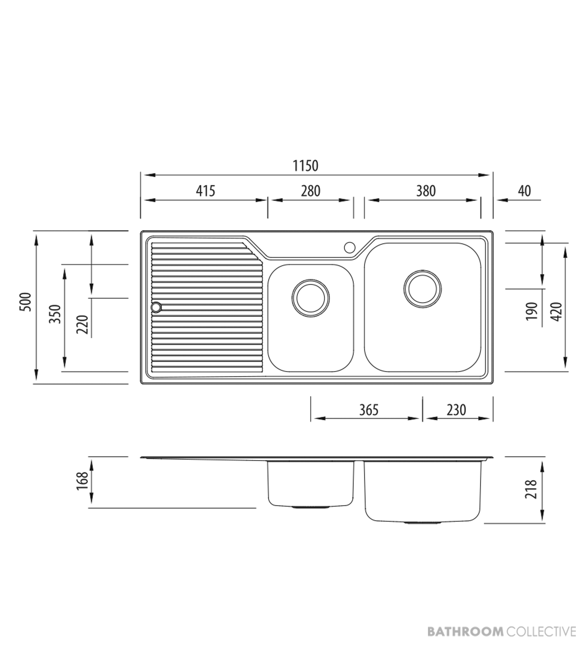 Oliveri Nu-Petite Topmount 1 & 3/4 Double Bowl Sink 1150mm, Left Drainer, Stainless NP612 1TH