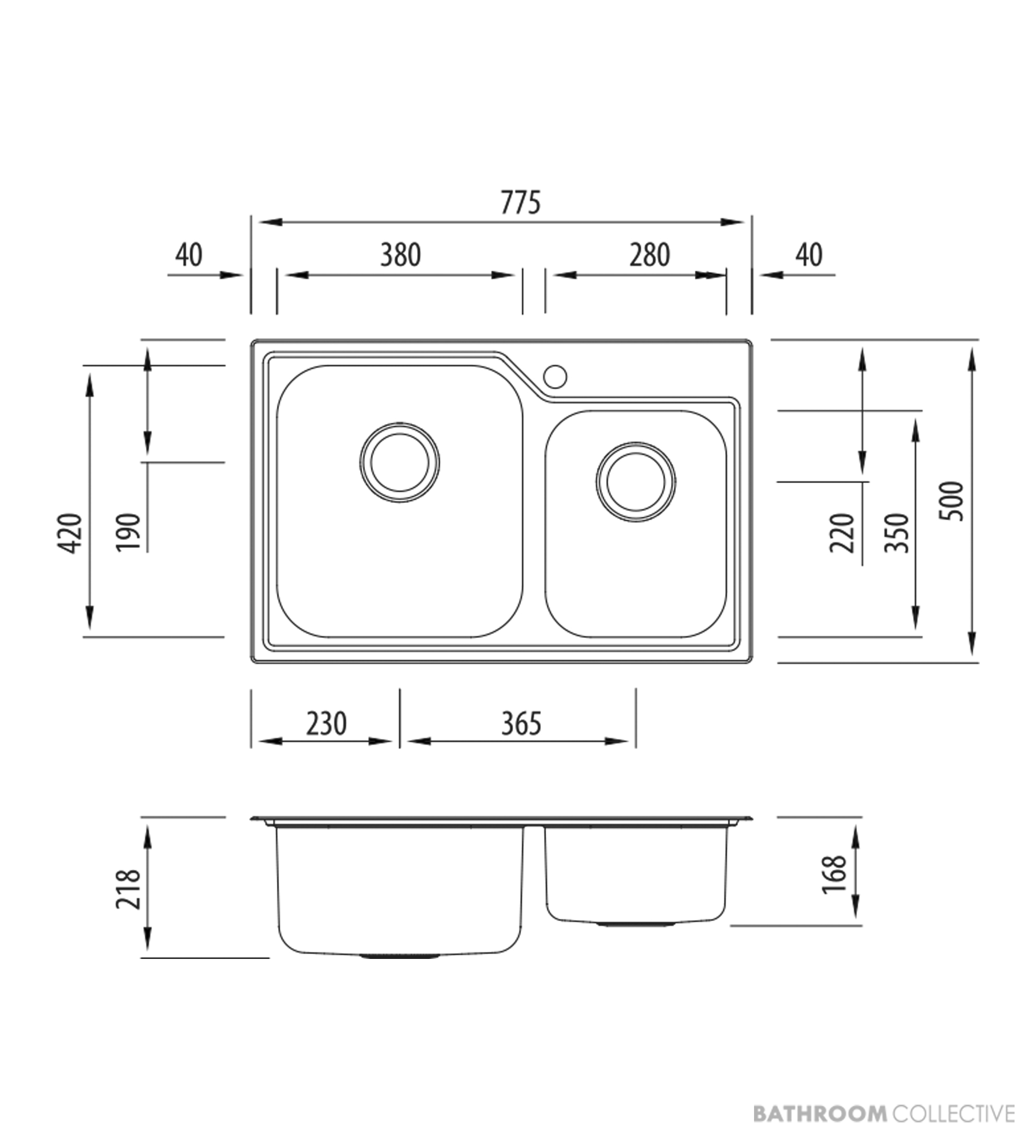 Oliveri Nu-Petite Topmount 1 & 3/4 Double Bowl Sink 775mm, Stainless NP615 1TH