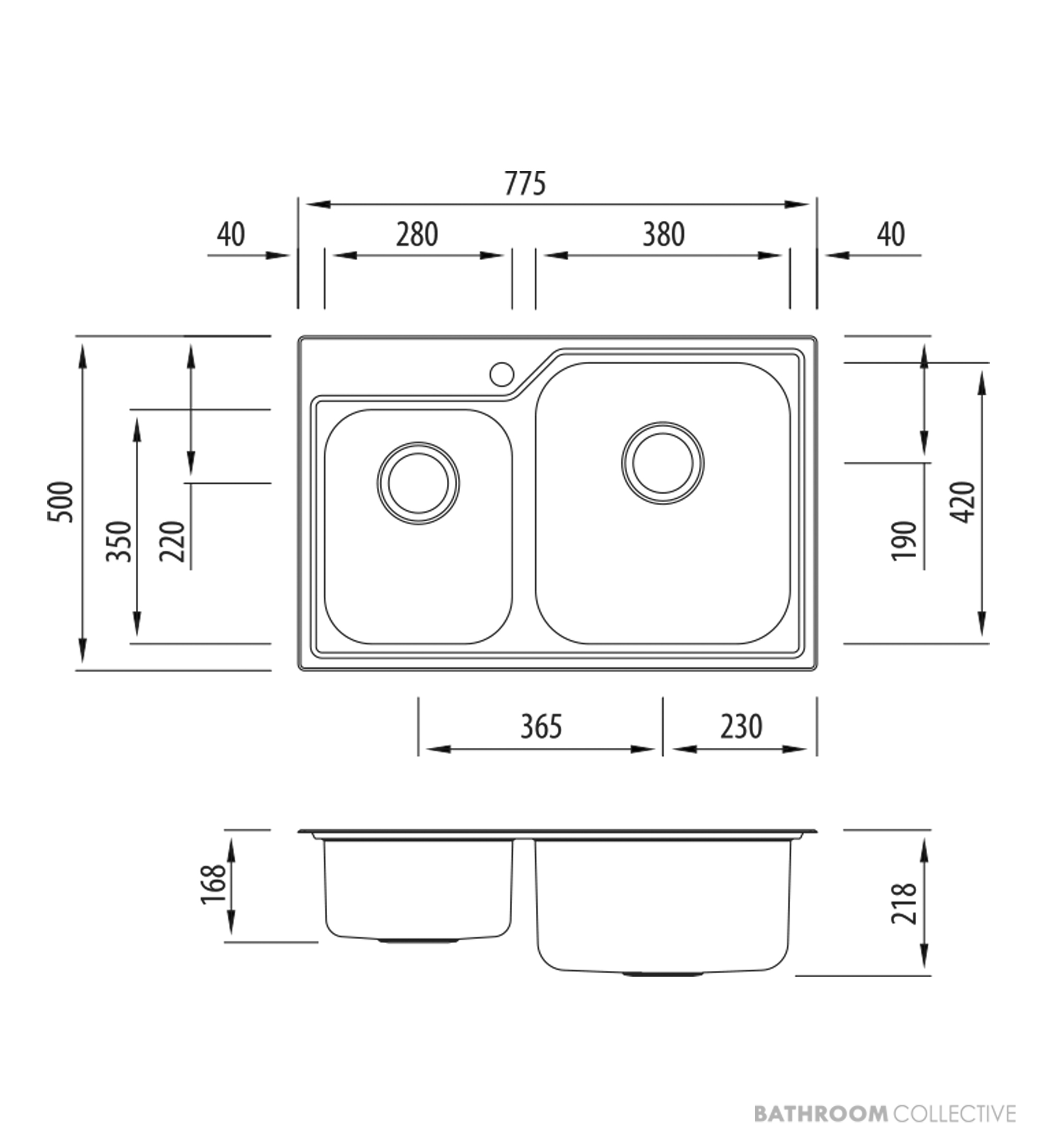 Oliveri Nu-Petite Topmount 1 & 3/4 Double Bowl Sink 775mm, Stainless NP616 1TH