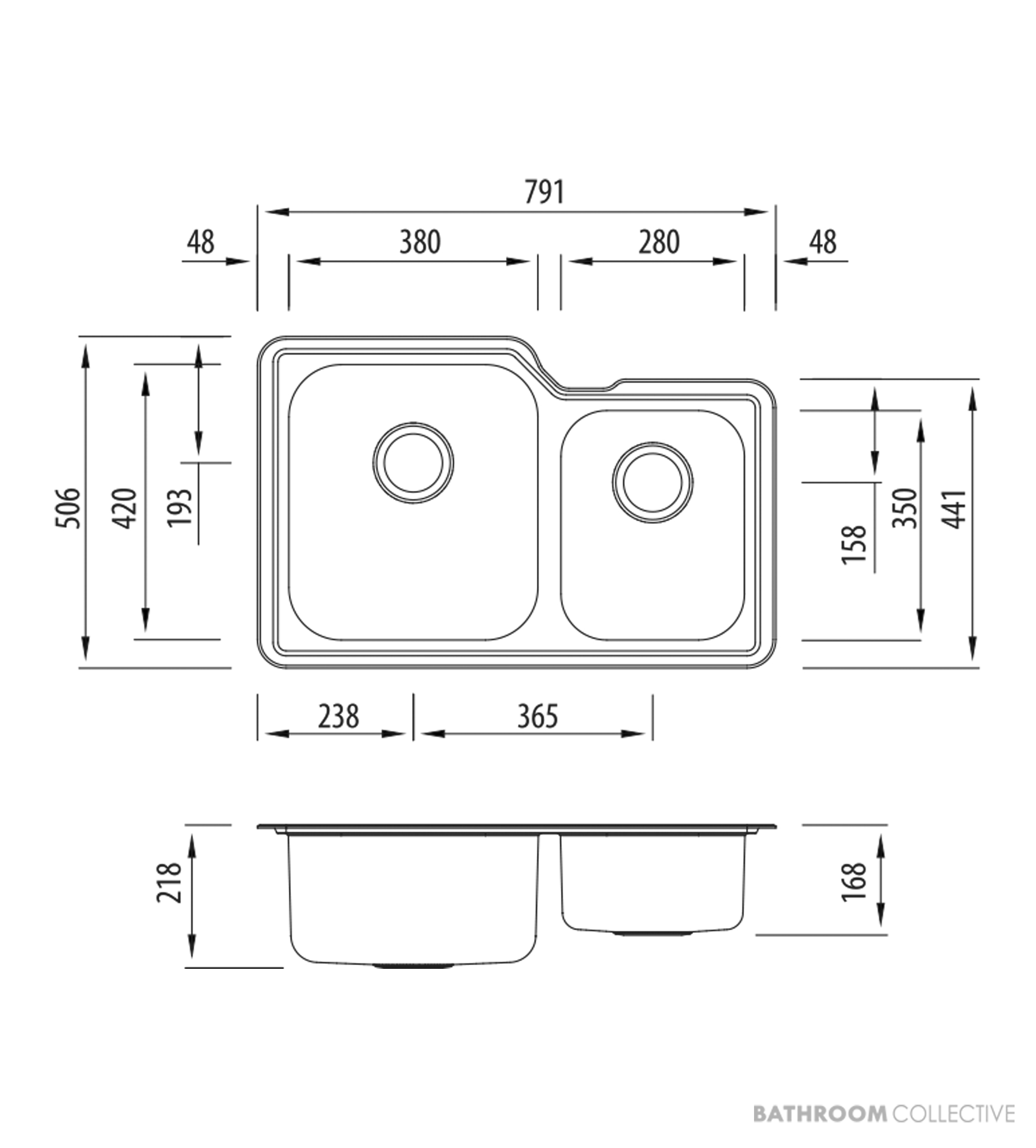Oliveri Nu-Petite Undermount 1 & 3/4 Double Bowl Sink 791mm, Stainless NP61U