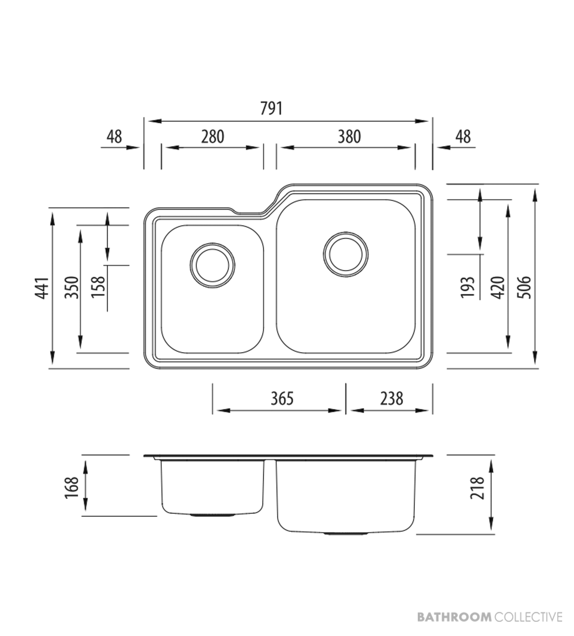 Oliveri Nu-Petite Undermount 1 & 3/4 Double Bowl Sink 791mm, Stainless NP62U