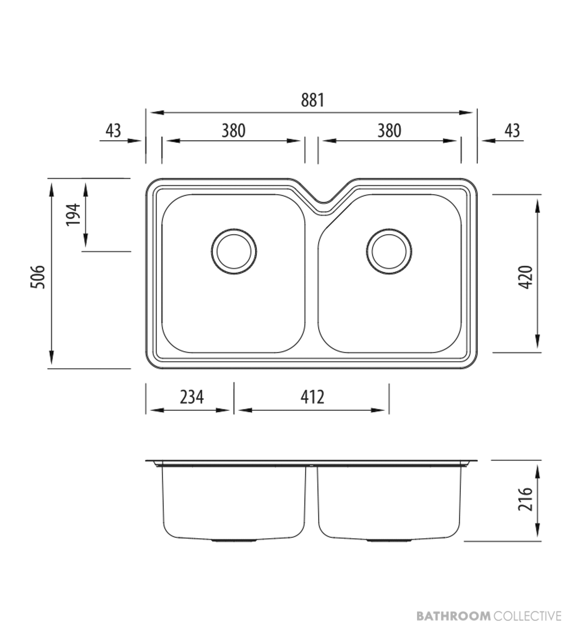 Oliveri Nu-Petite Undermount Double Bowl Sink 881mm, Stainless NP63U