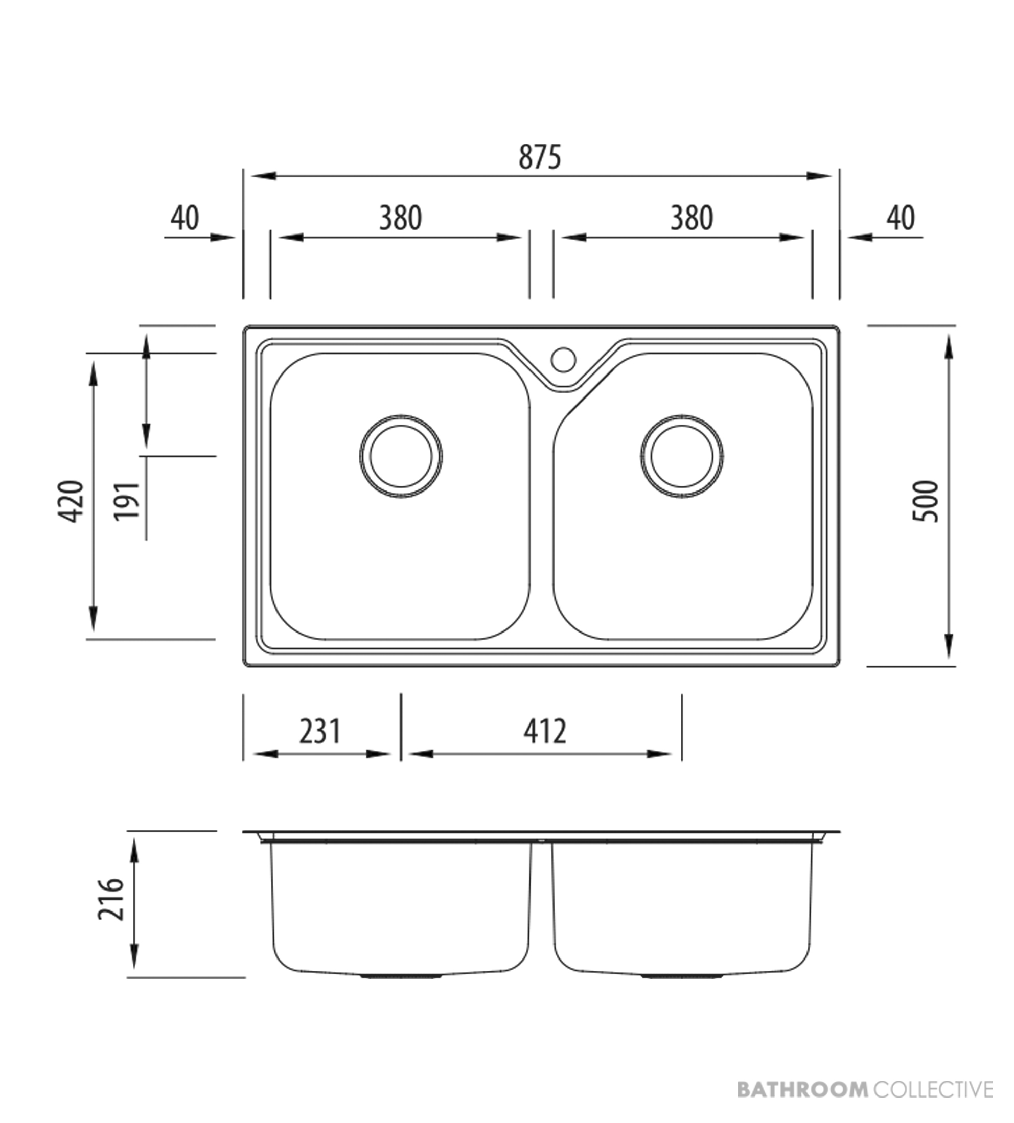 Oliveri Nu-Petite Topmount Double Bowl Sink 875mm, Stainless NP663 1TH