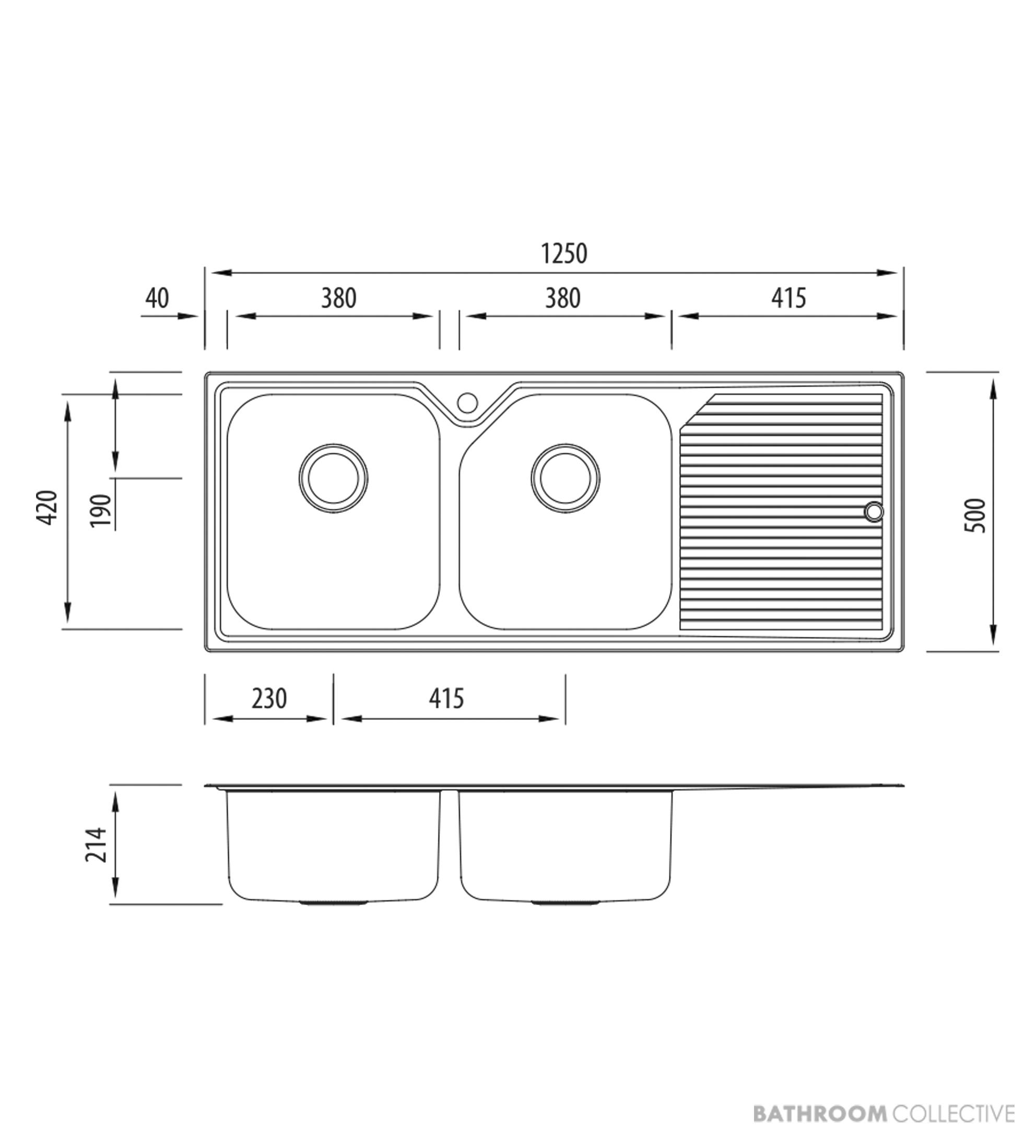 Oliveri Nu-Petite Topmount Double Bowl Sink 1250mm, Right Drainer, Stainless NP671 1TH