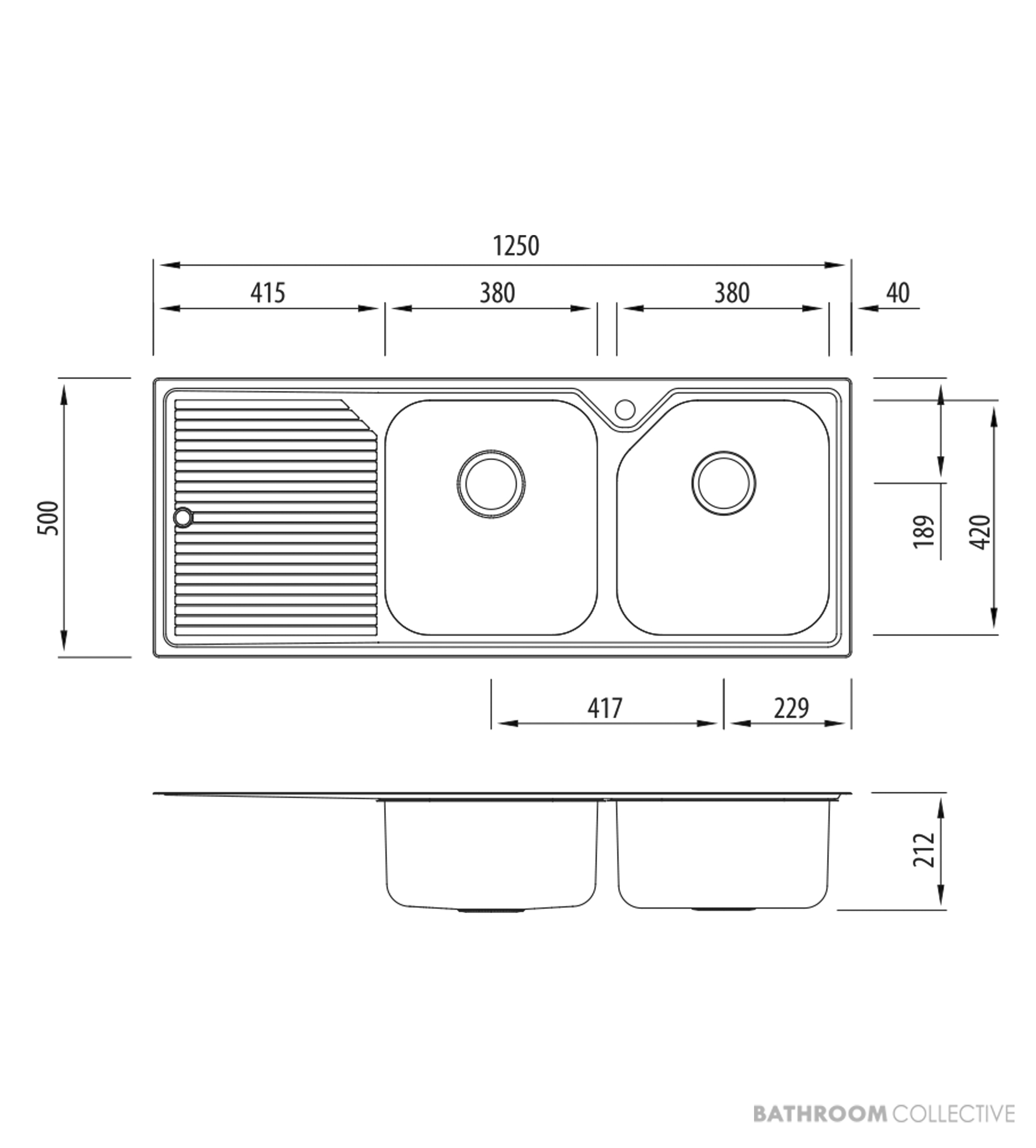 Oliveri Nu-Petite Topmount Double Bowl Sink 1250mm, Left Drainer, Stainless NP672 1TH