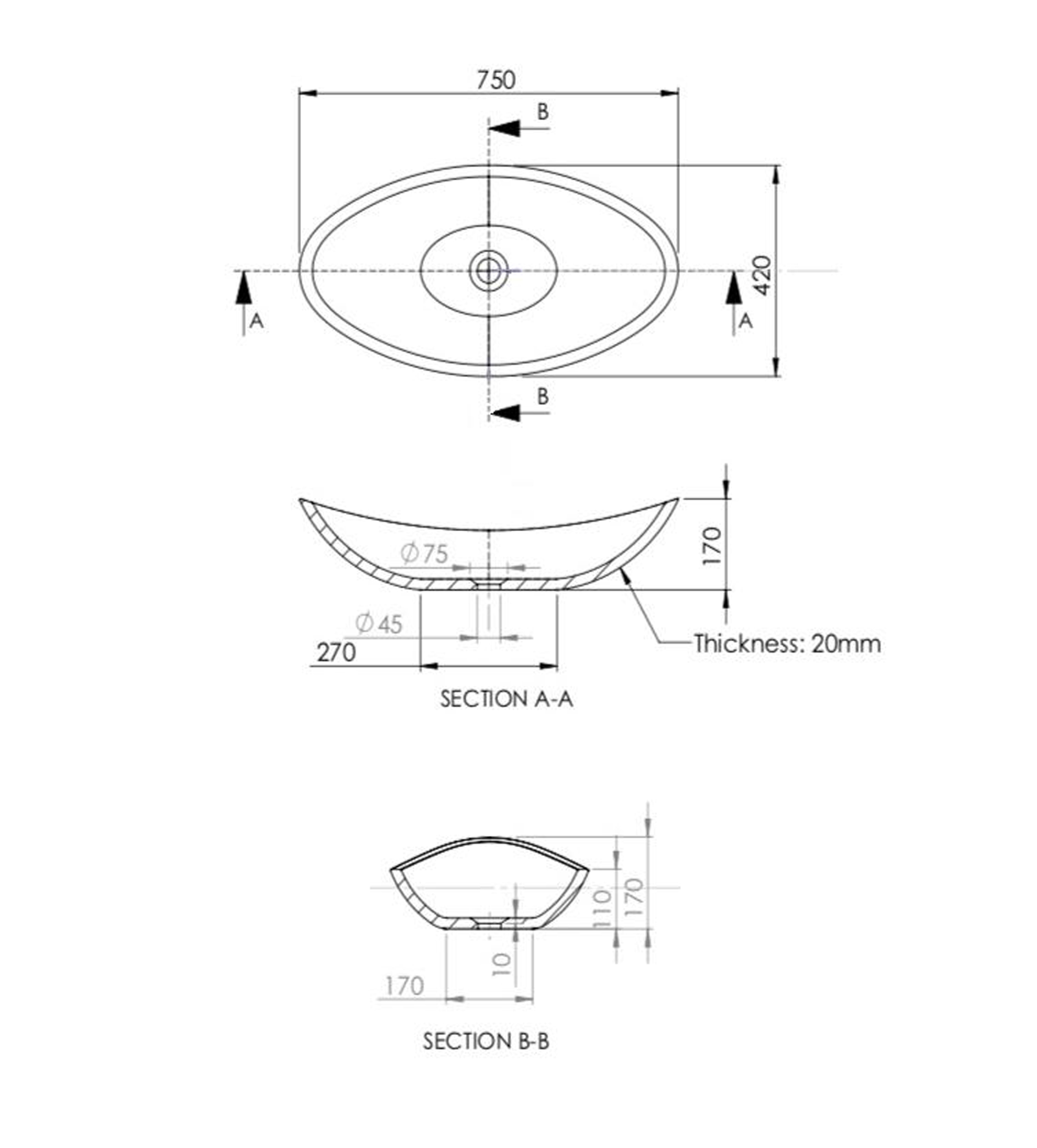 Pietra Bianca Boat 750mm Stone Above Counter Basin