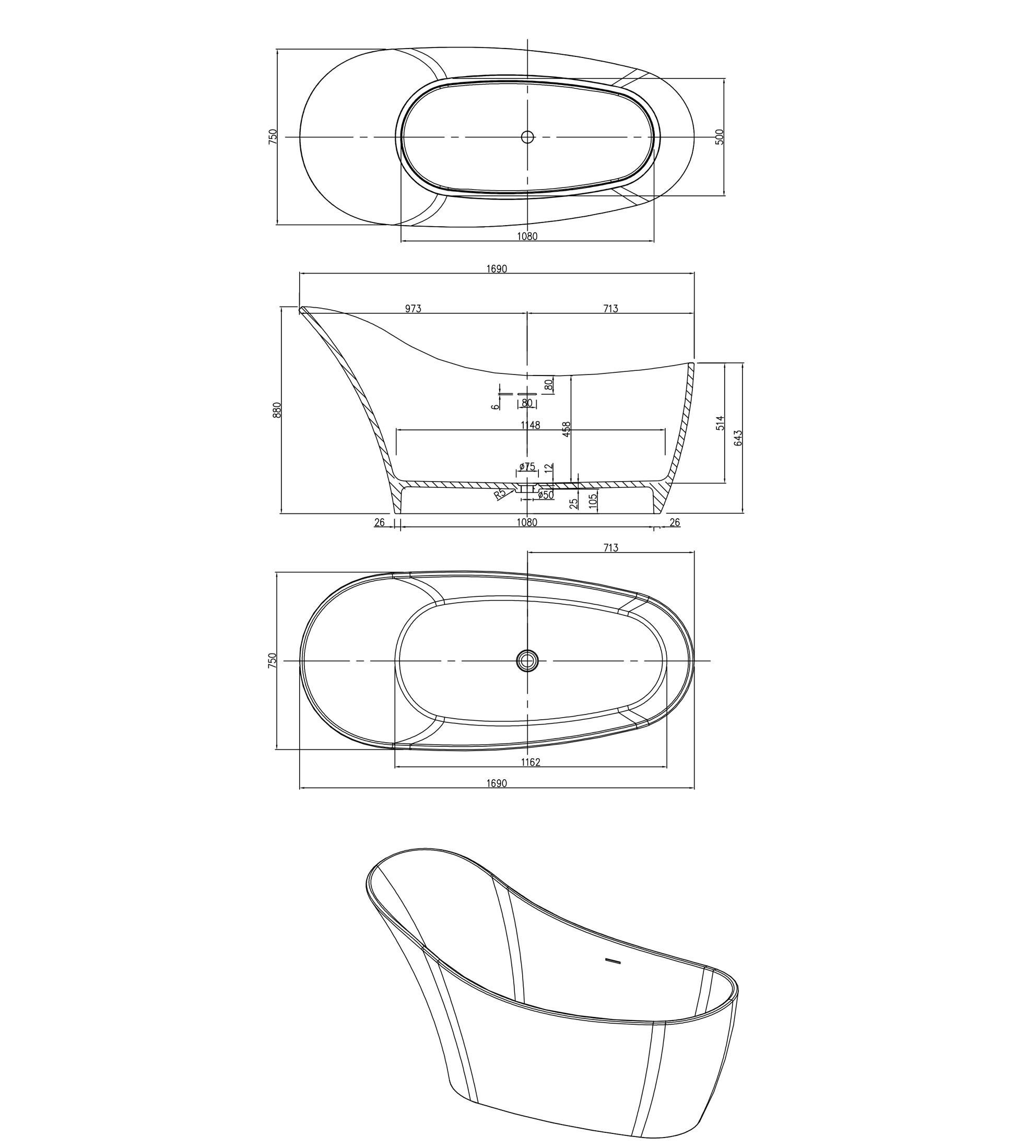 Pietra Bianca Anna 1690mm Stone Freestanding Bath