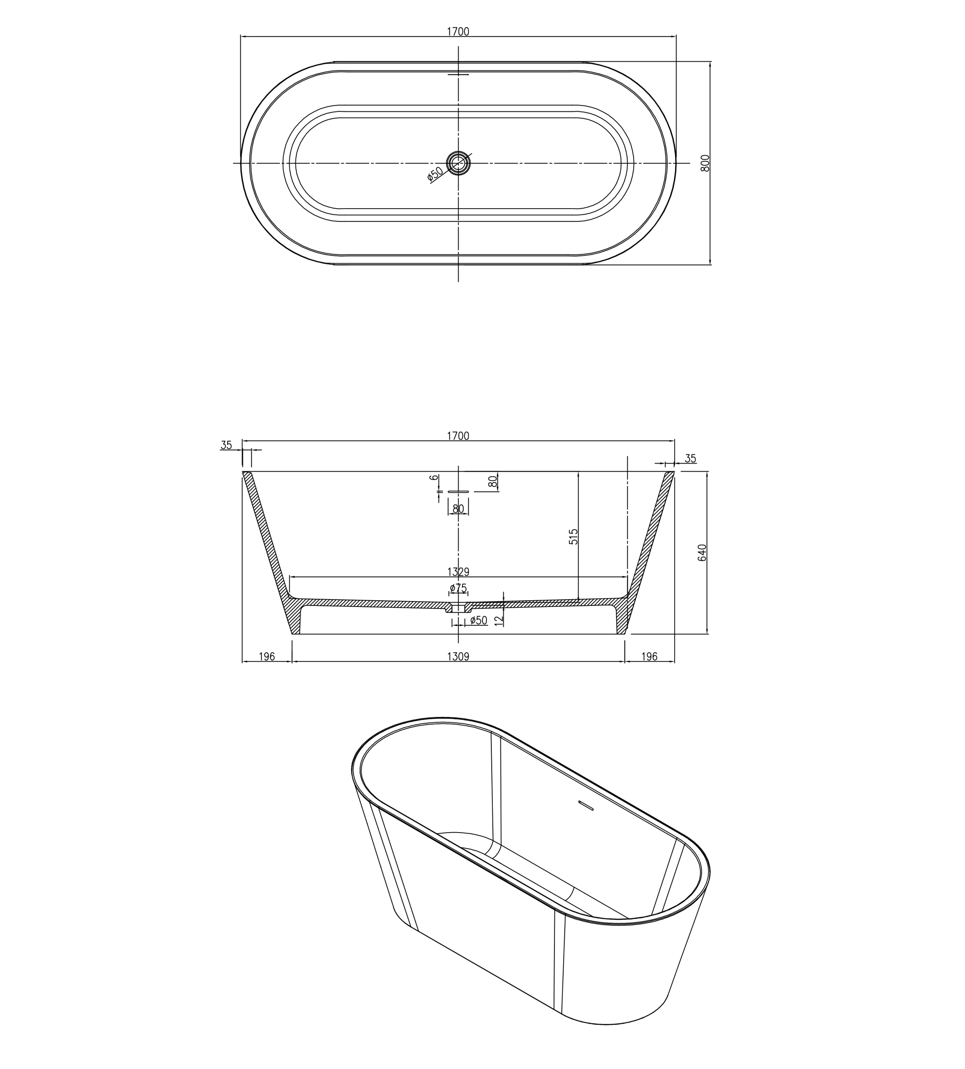 Pietra Bianca Olive 1700mm Stone Freestanding Bath