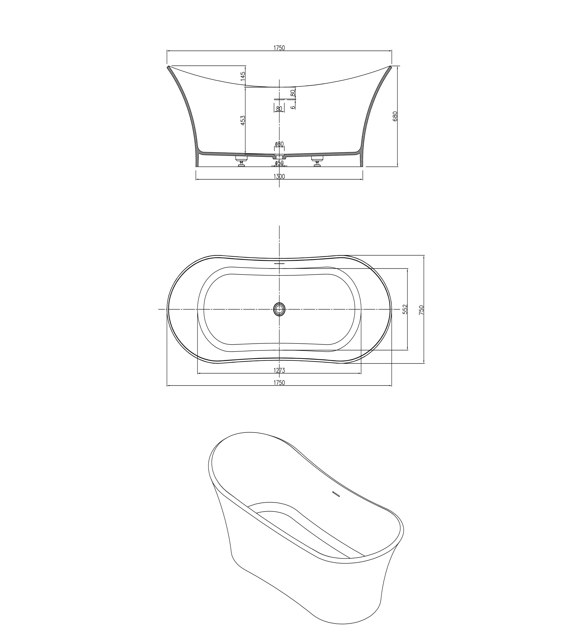 Pietra Bianca Crown 1750mm Stone Freestanding Bath