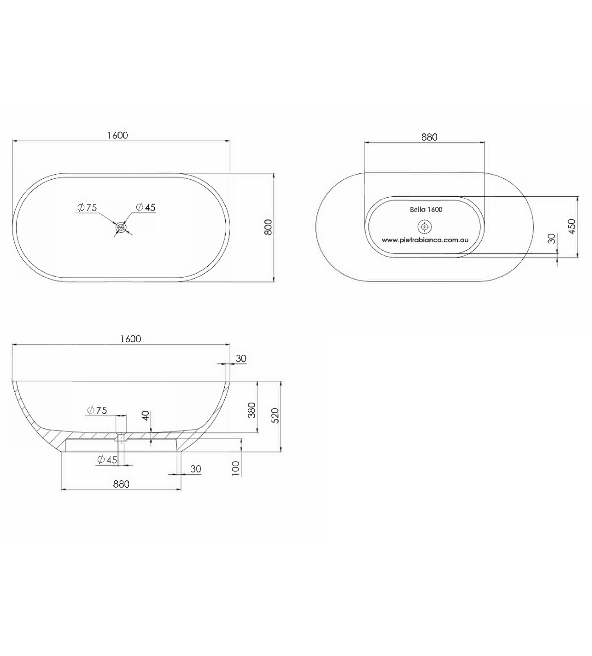 Pietra Bianca Bella 1600mm Stone Freestanding Bath