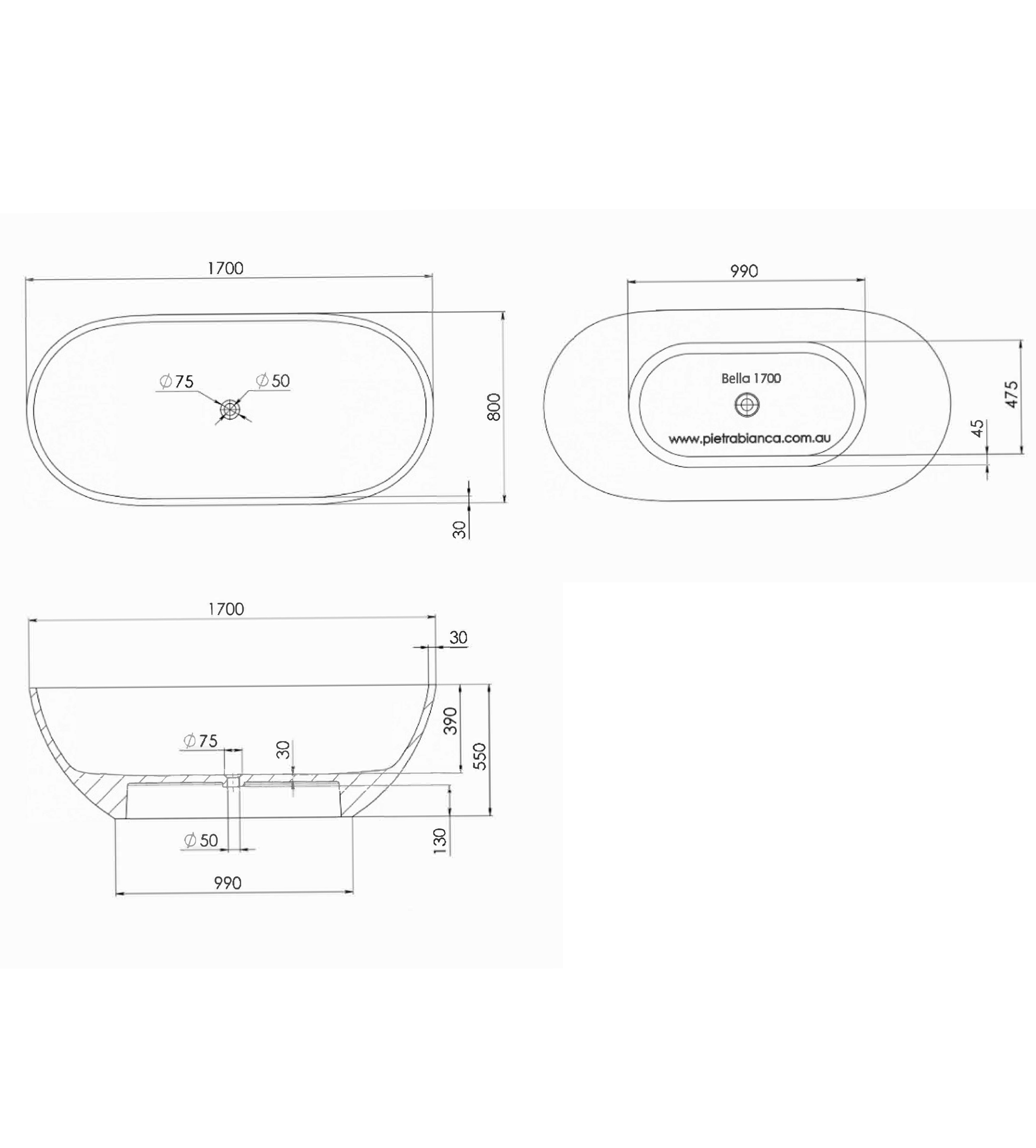 Pietra Bianca Bella 1700mm Stone Freestanding Bath