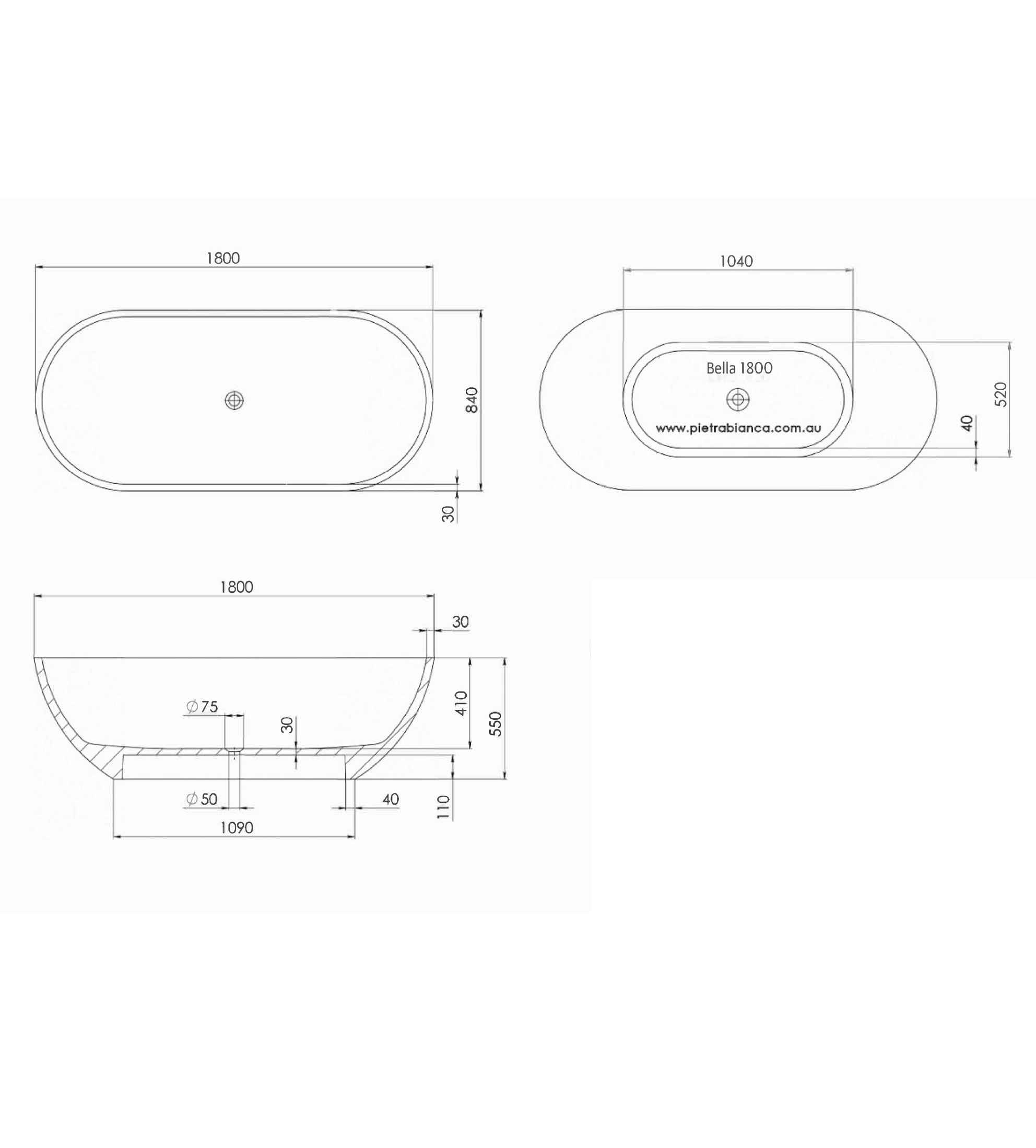 Pietra Bianca Bella 1800mm Stone Freestanding Bath