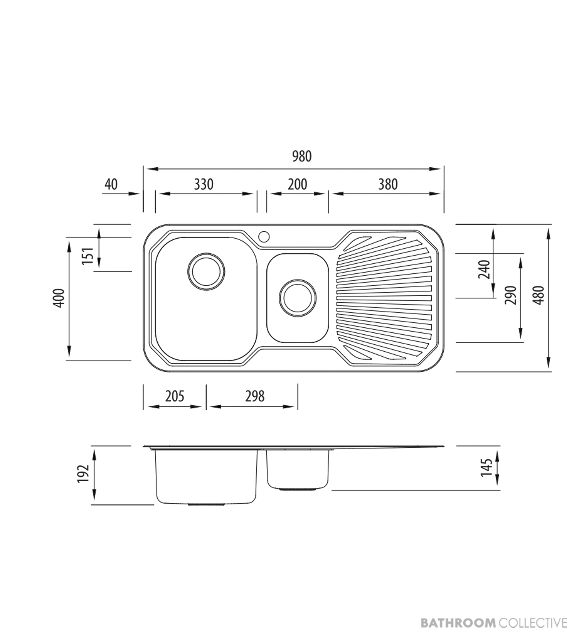 Oliveri Petite Topmount 1 & 1/2 Double Bowl Sink 980mm, Right Drainer, Stainless PE301 1TH
