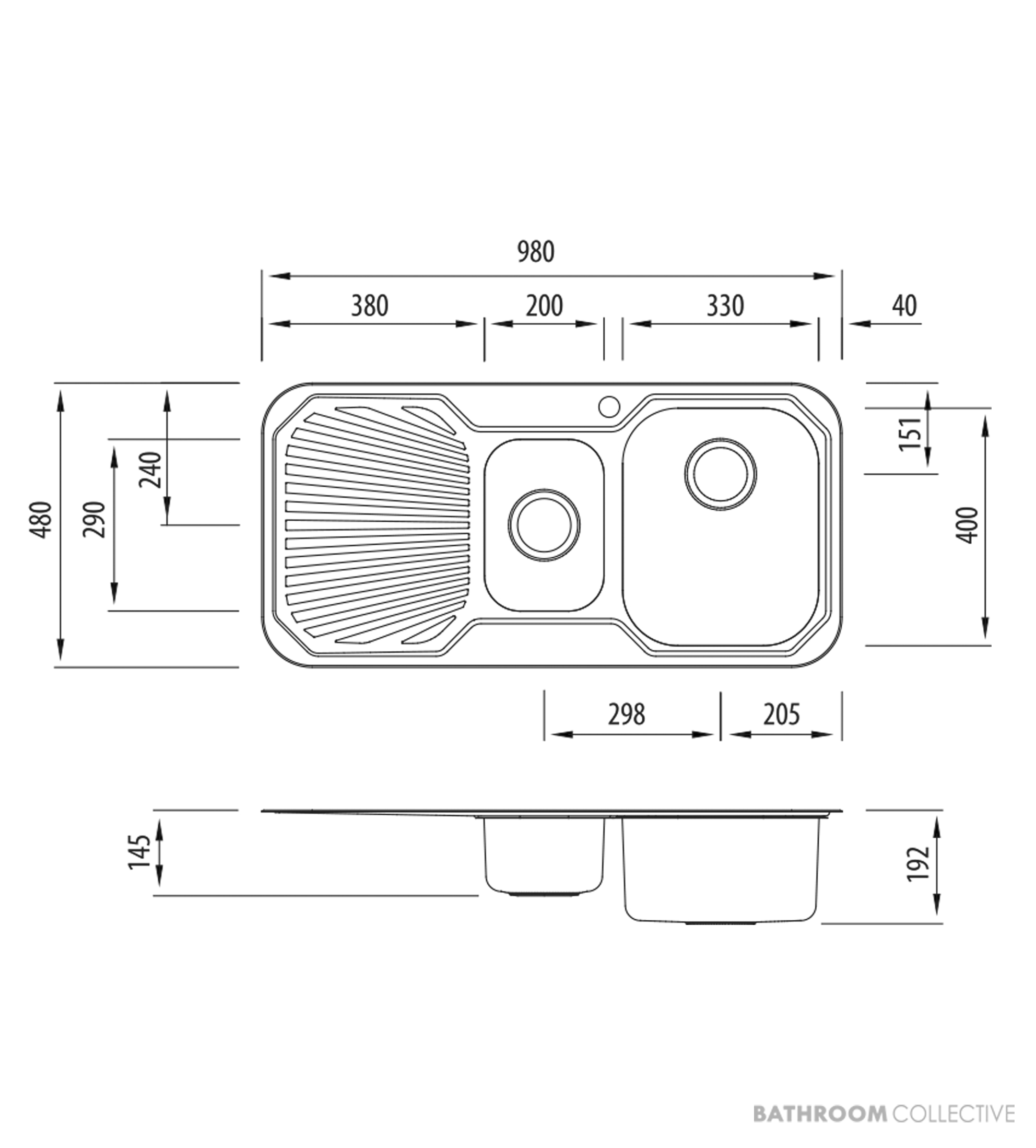 Oliveri Petite Topmount 1 & 1/2 Double Bowl Sink 980mm, Left Drainer, Stainless PE302 1TH