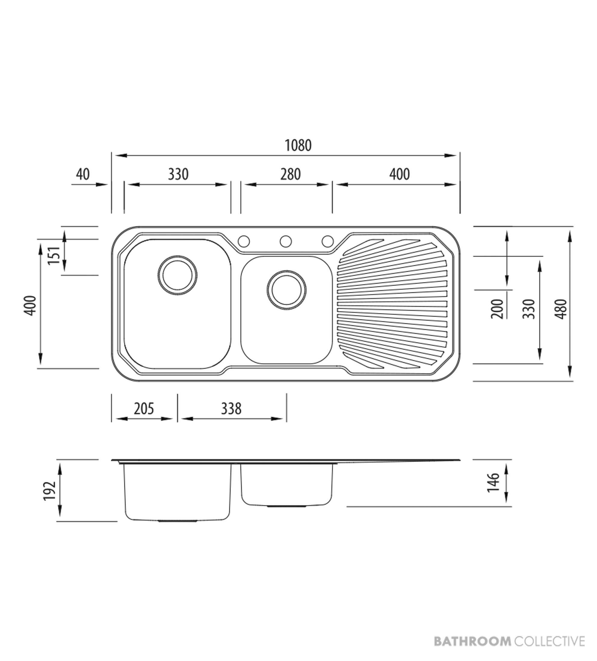 Oliveri Petite Topmount 1 & 3/4 Double Bowl Sink 1080mm, Right Drainer, Stainless PE311 1TH