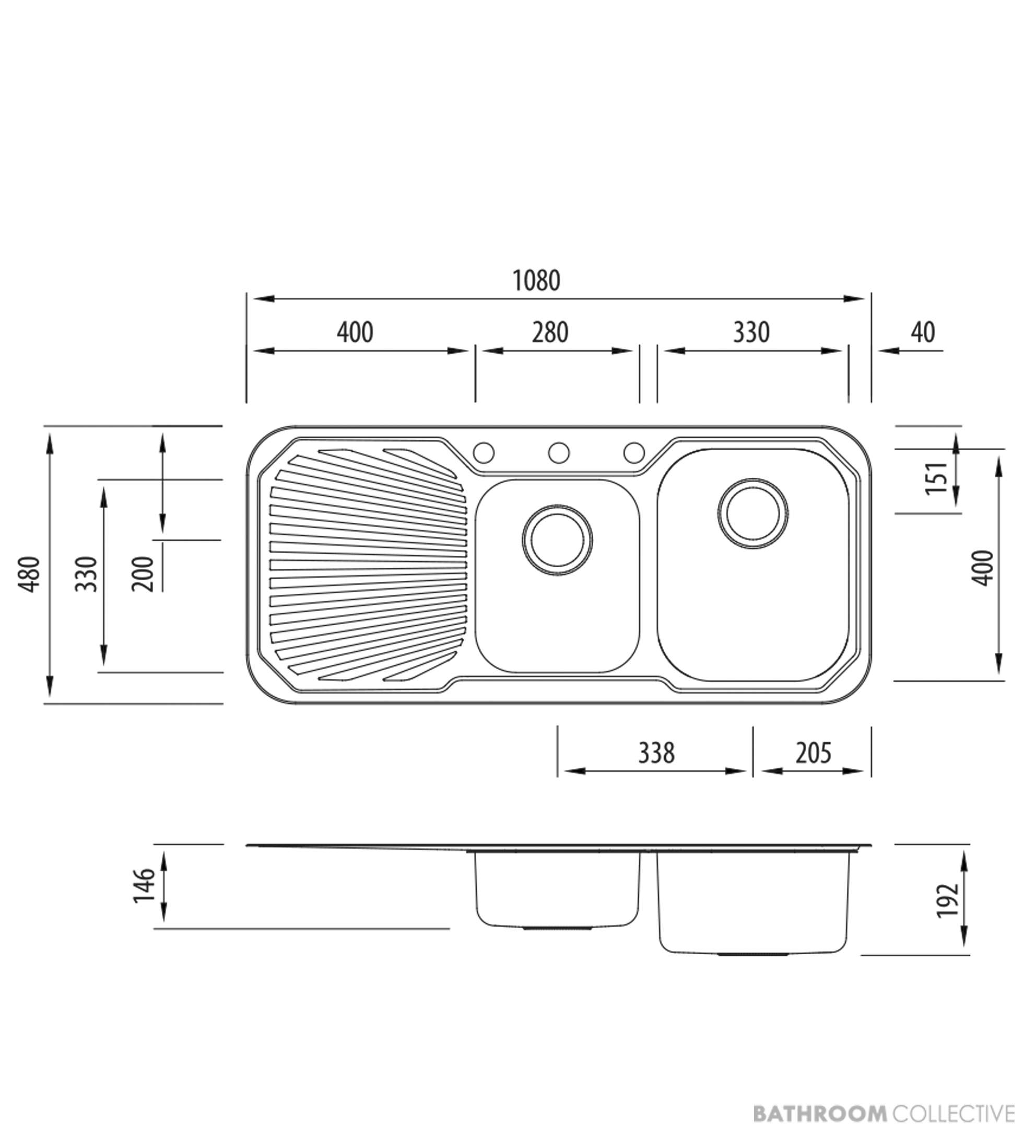 Oliveri Petite Topmount 1 & 3/4 Double Bowl Sink 1080mm, Left Drainer, Stainless PE312 1TH