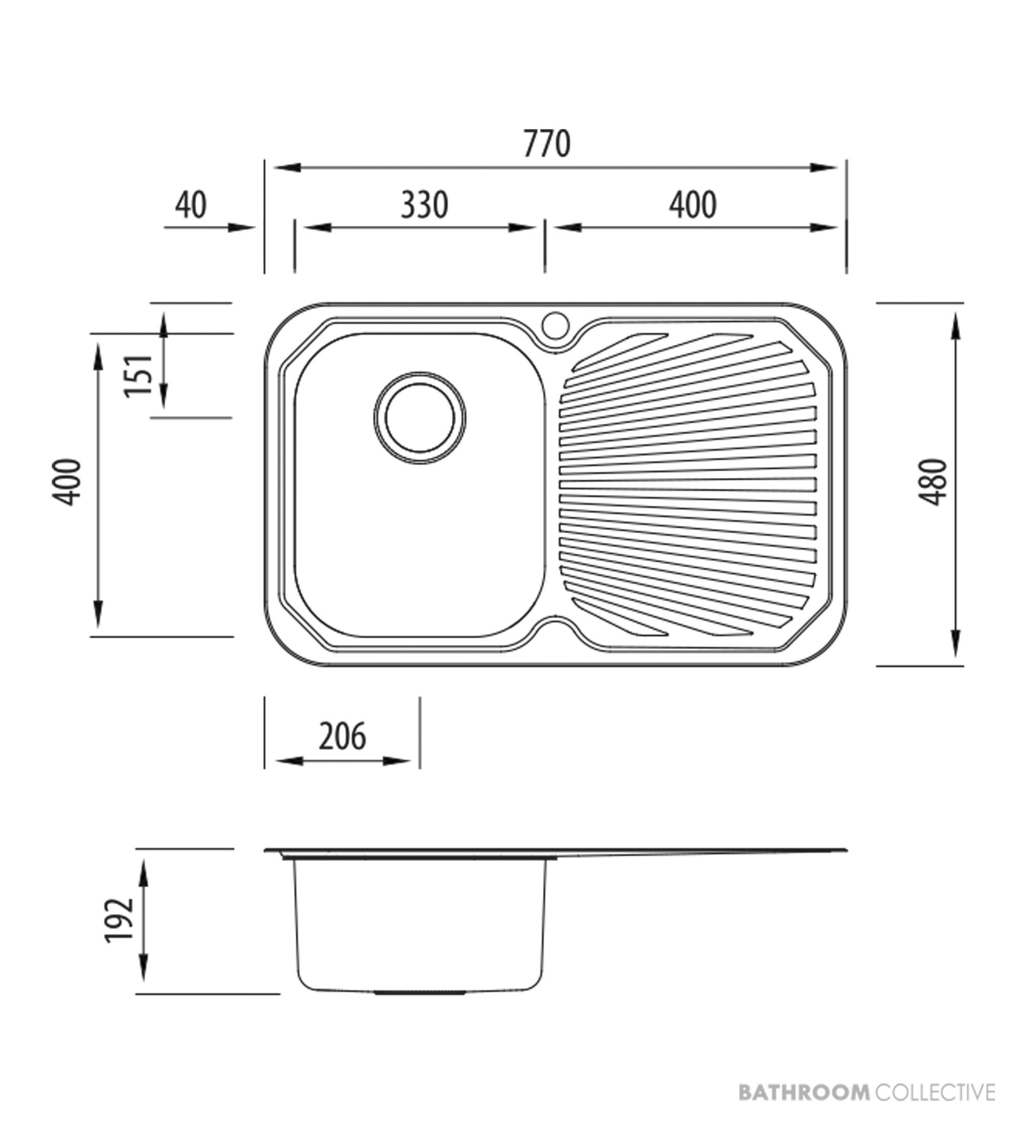 Oliveri Petite Topmount Single Bowl Sink 770mm, Right Drainer, Stainless PE321 1TH
