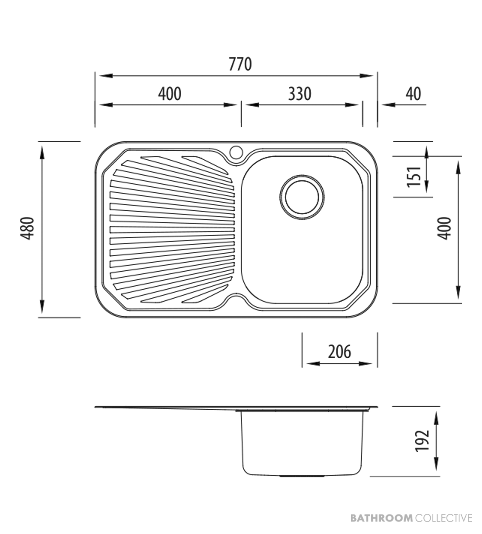 Oliveri Petite Topmount Single Bowl Sink 770mm, Left Drainer, Stainless PE322 1TH