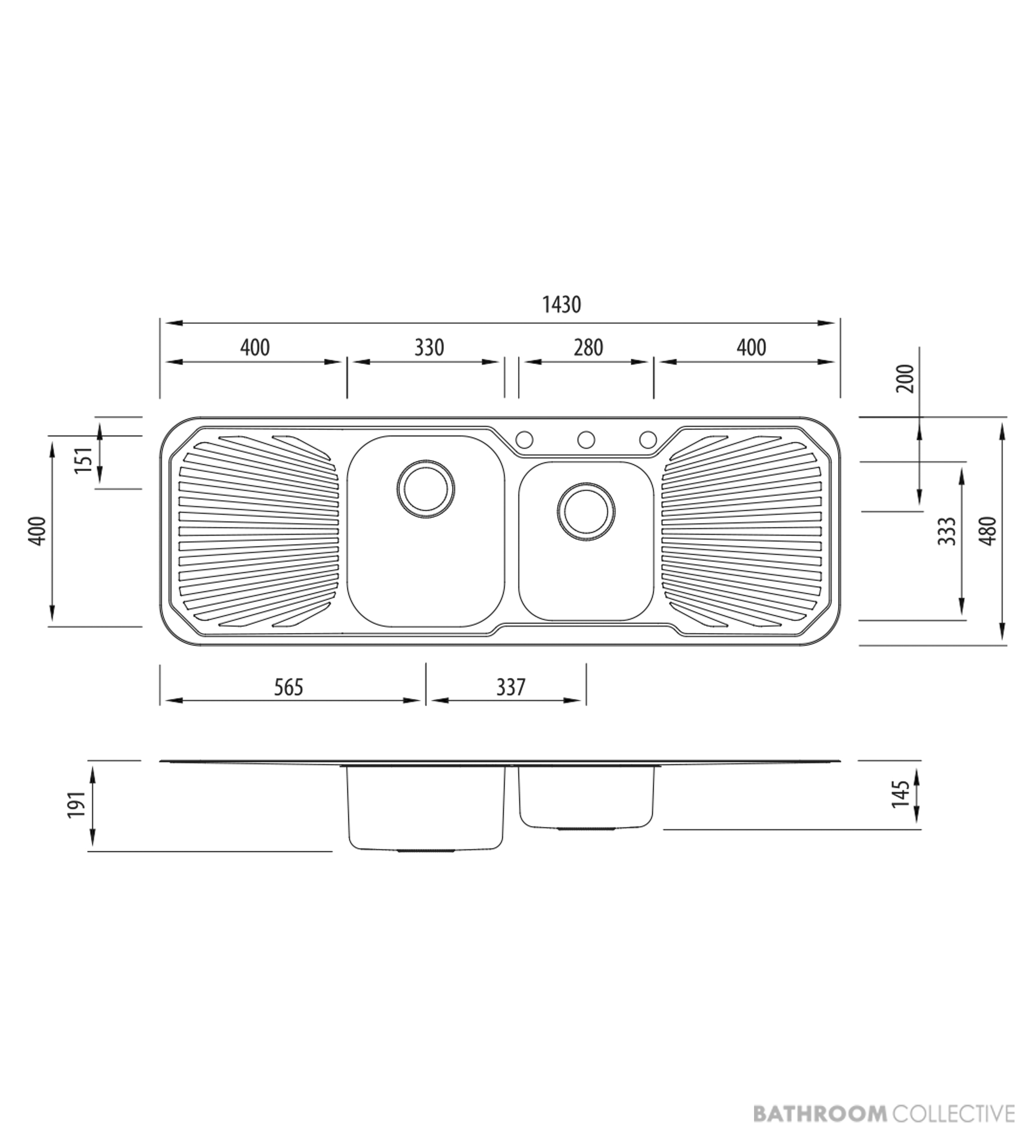 Oliveri Petite Topmount 1 & 3/4 Double Bowl Sink 1430mm, Double Drainer, Stainless PE341 1TH