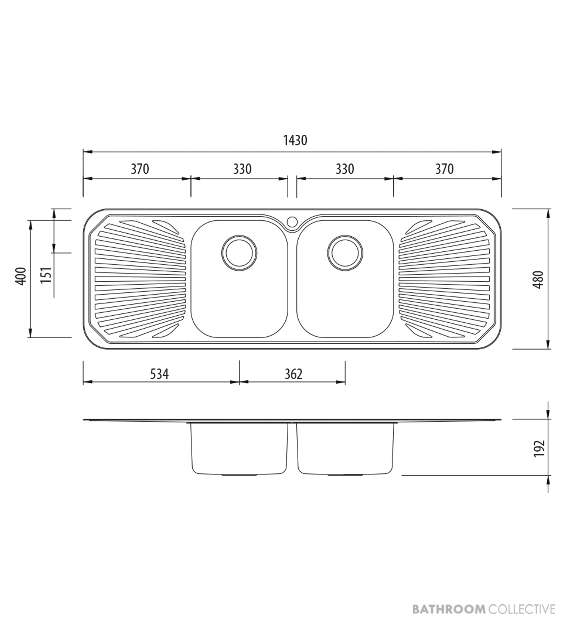 Oliveri Petite Topmount Double Bowl Sink 1430mm, Double Drainer, Stainless PE353 1TH