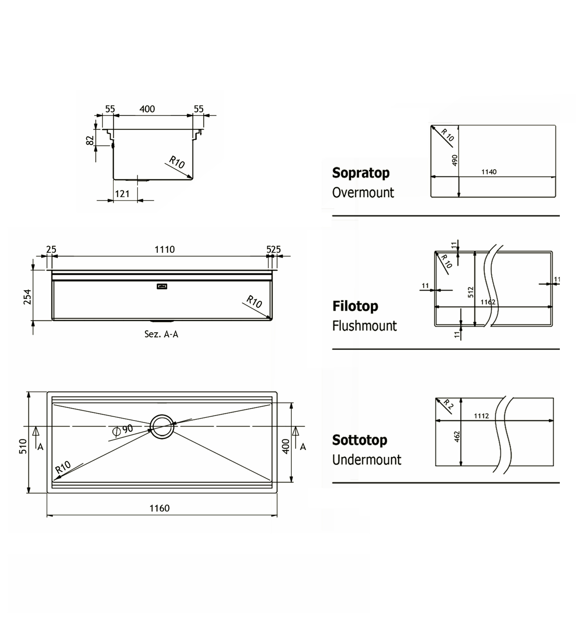 Artinox Planum 111 Above Counter Kitchen Sink, Stainless Steel