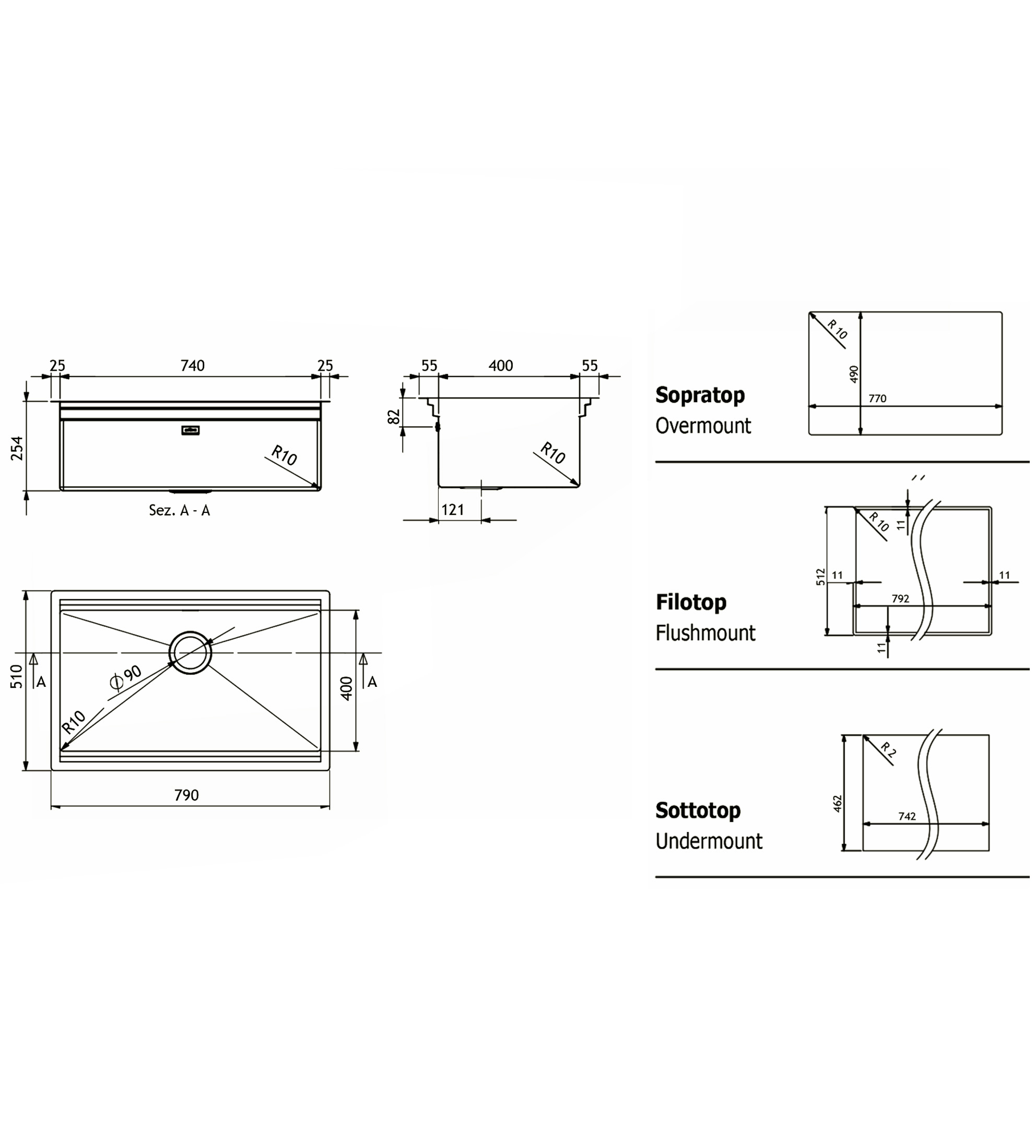 Artinox Planum 74 Above Counter Kitchen Sink, Stainless Steel