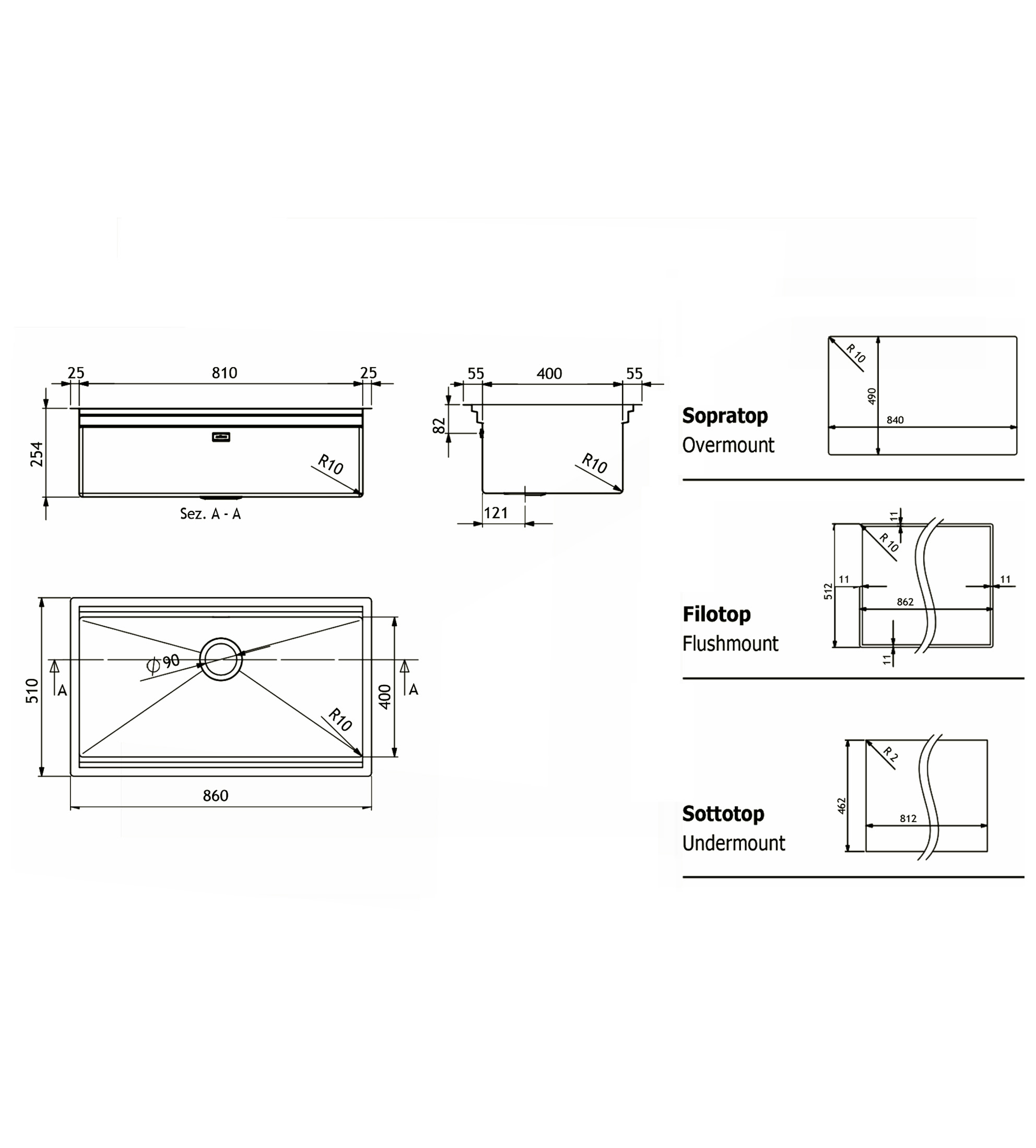 Artinox Planum 81 Above Counter Kitchen Sink, Stainless Steel