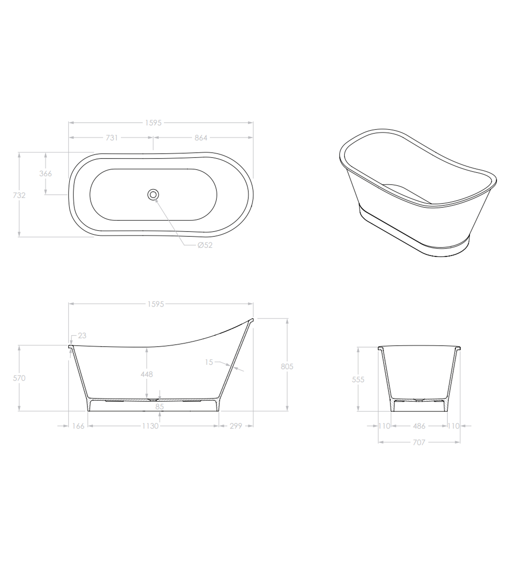 ADP Placido 1595mm Solid Cast Marble Freestanding Bath, Gloss White