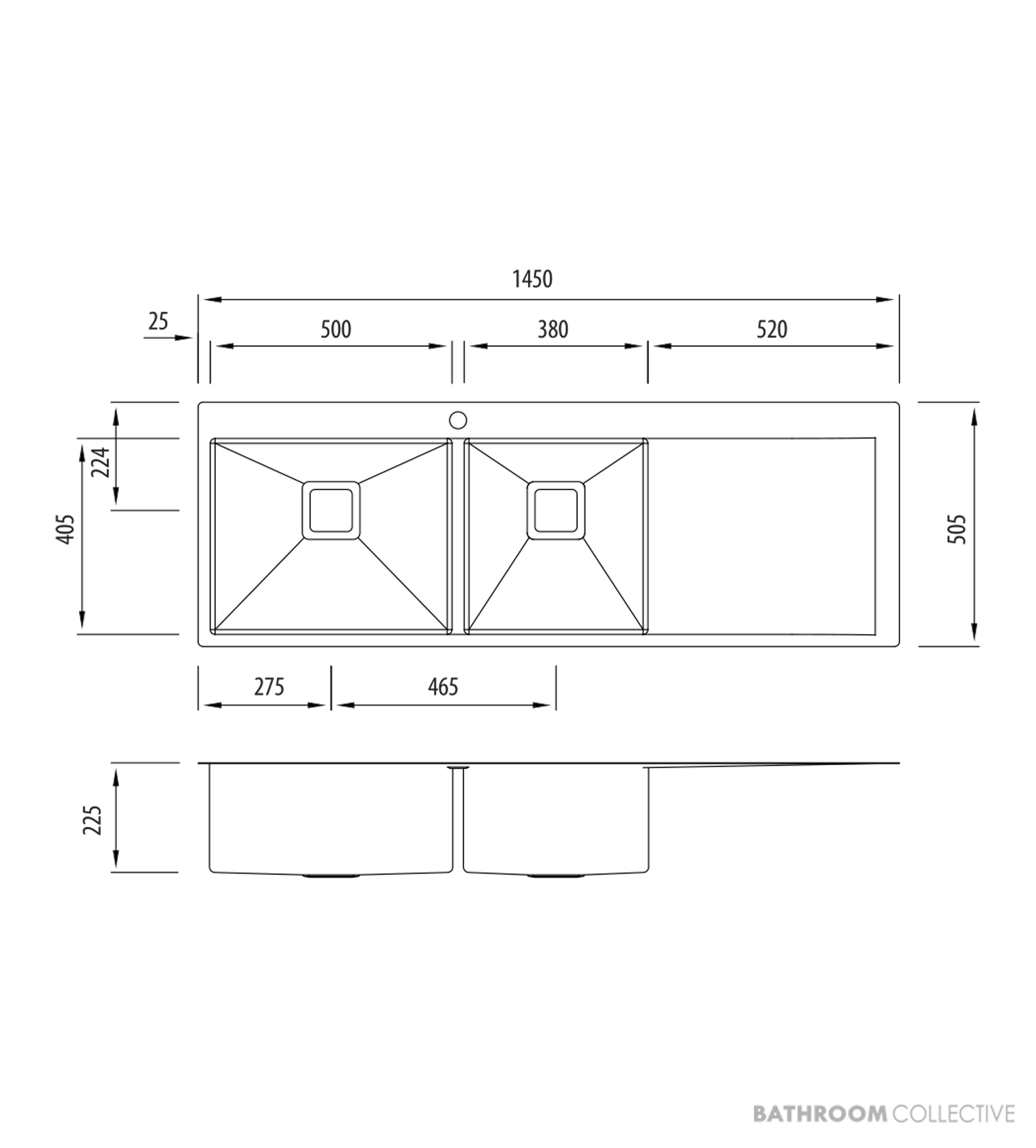 Oliveri Professional Series Topmount 1 & 3/4 Double Bowl Sink 1450mm, Right Drainer, Stainless PR1111 1TH