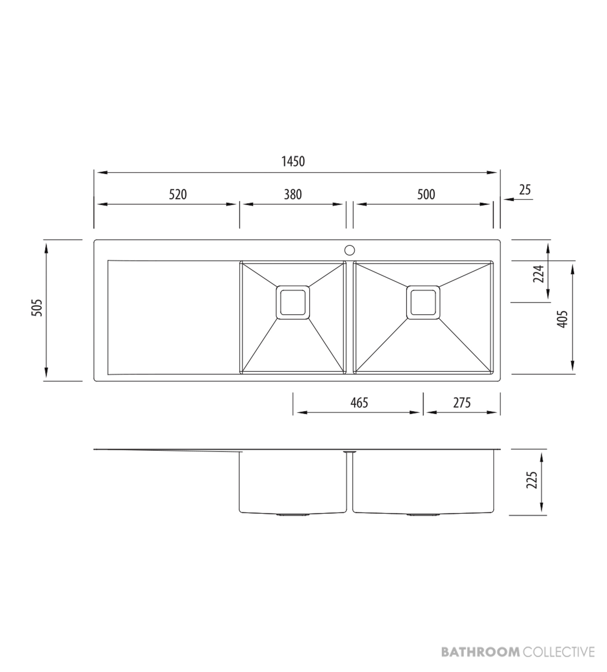 Oliveri Professional Series Topmount 1 & 3/4 Double Bowl Sink 1450mm, Left Drainer, Stainless PR1112 1TH