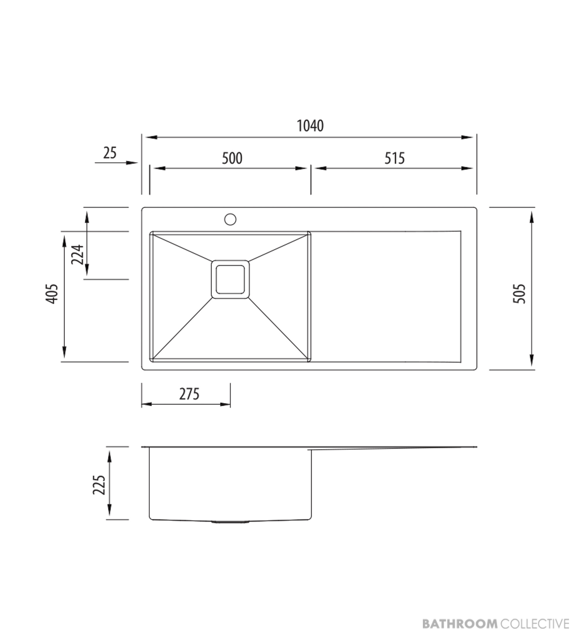 Oliveri Professional Series Topmount Single Bowl Sink 1040mm, Right Drainer, Stainless PR1121 1TH