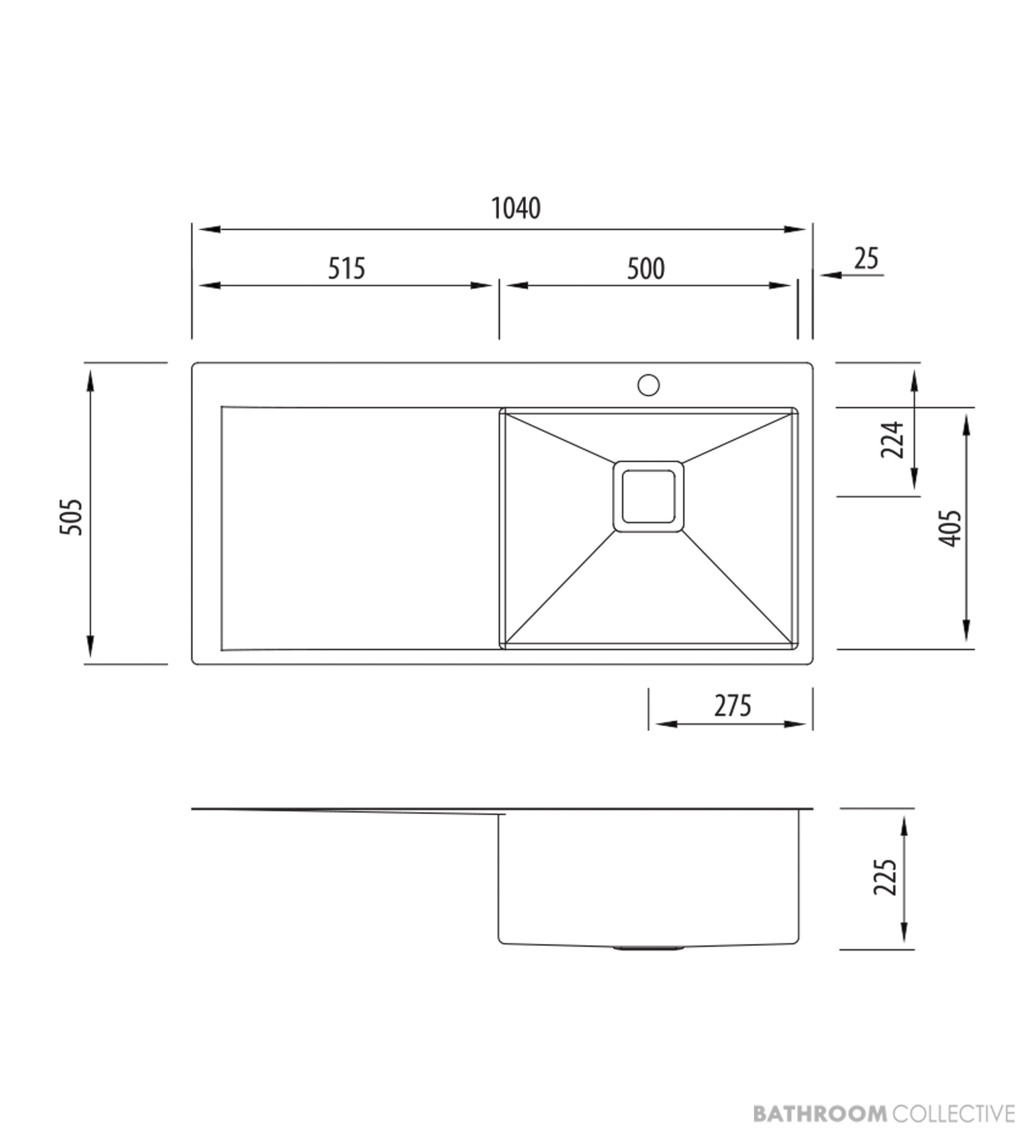 Oliveri Professional Series Topmount Single Bowl Sink 1040mm, Left Drainer, Stainless PR1122 1TH