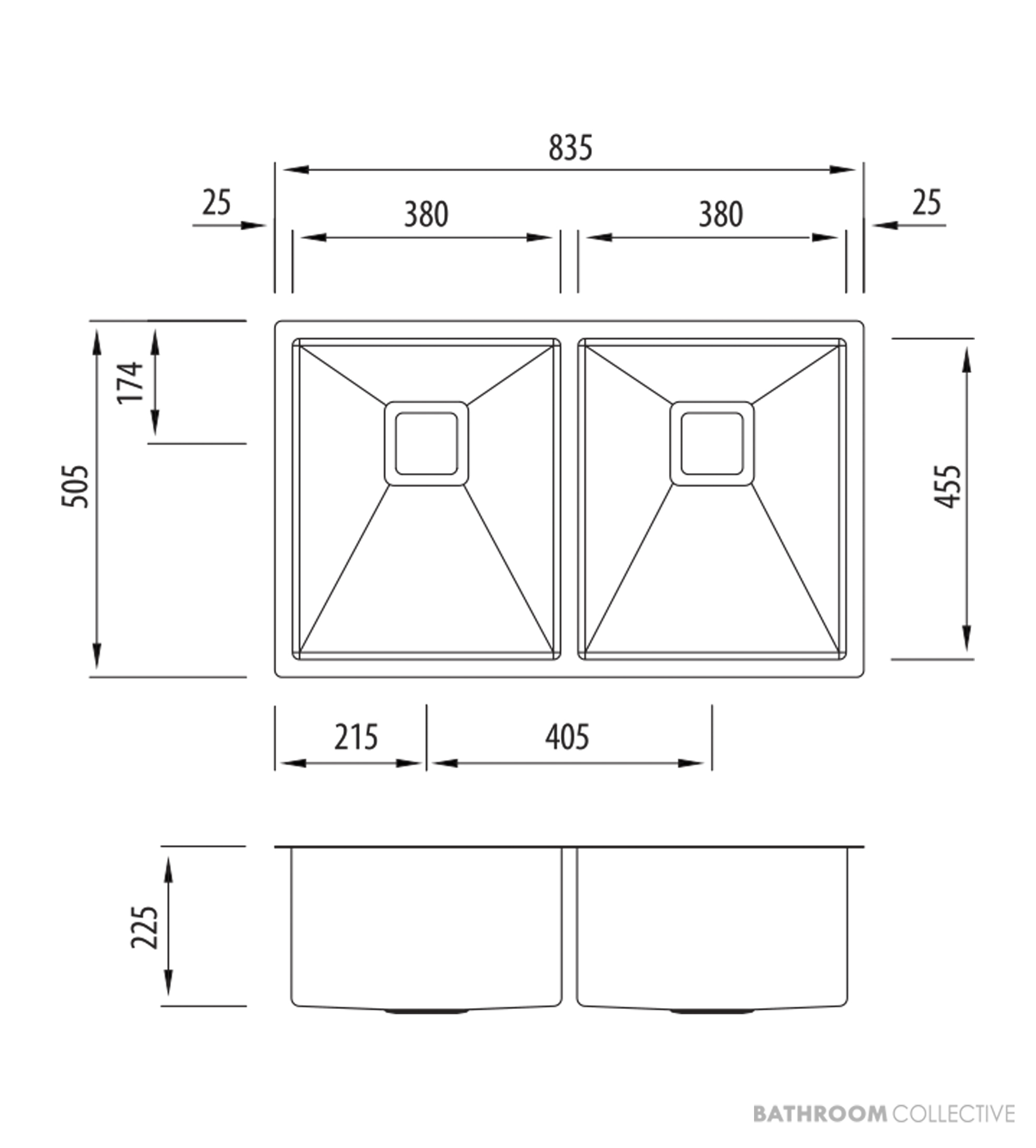 Oliveri Professional Series Undermount Double Bowl Sink 835mm, Stainless PR1163U