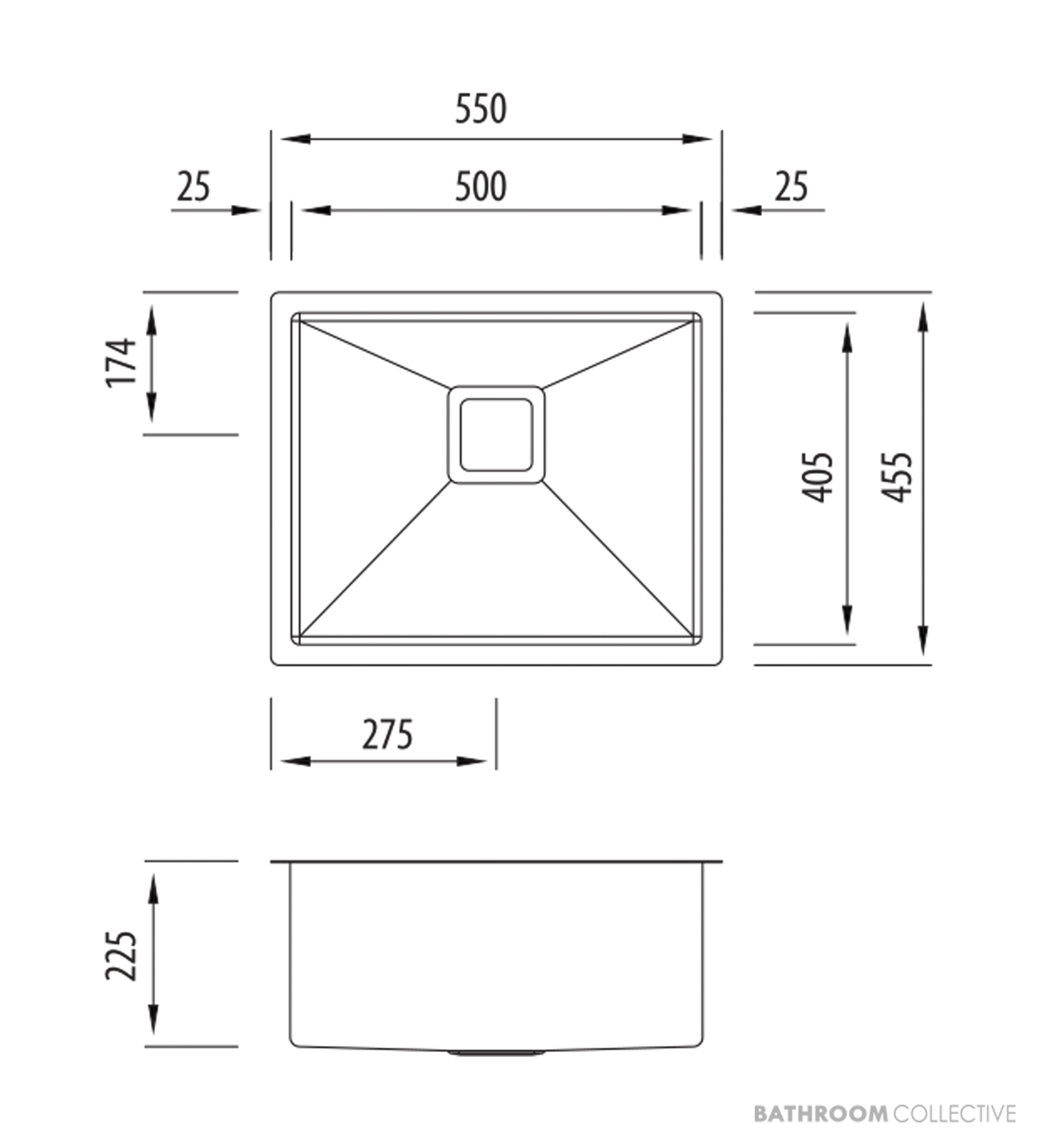 Oliveri Professional Series Undermount Single Grand Bowl Sink 550mm, Stainless PR1180U