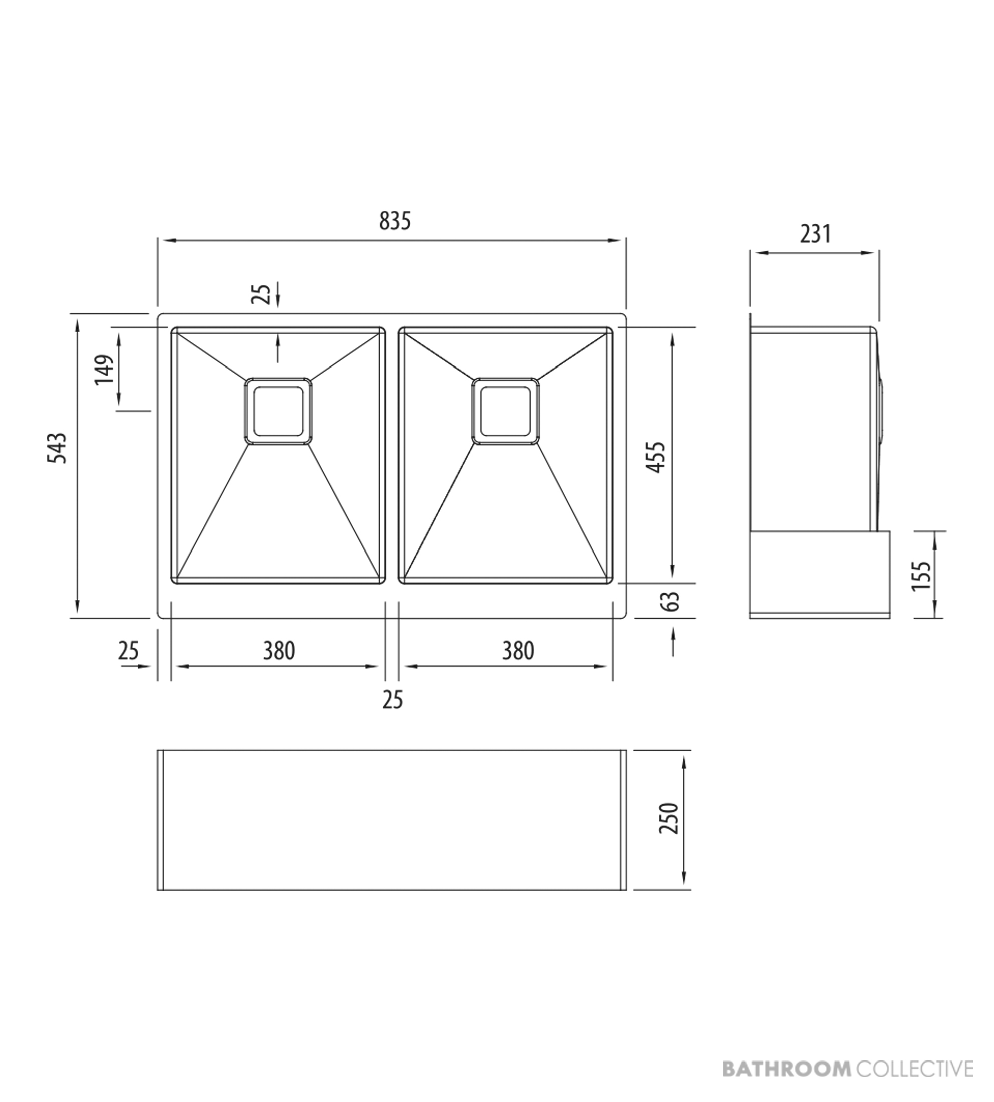 Oliveri Professional Butler Series Undermount Double Bowl Sink 835mm, Stainless PR1263U