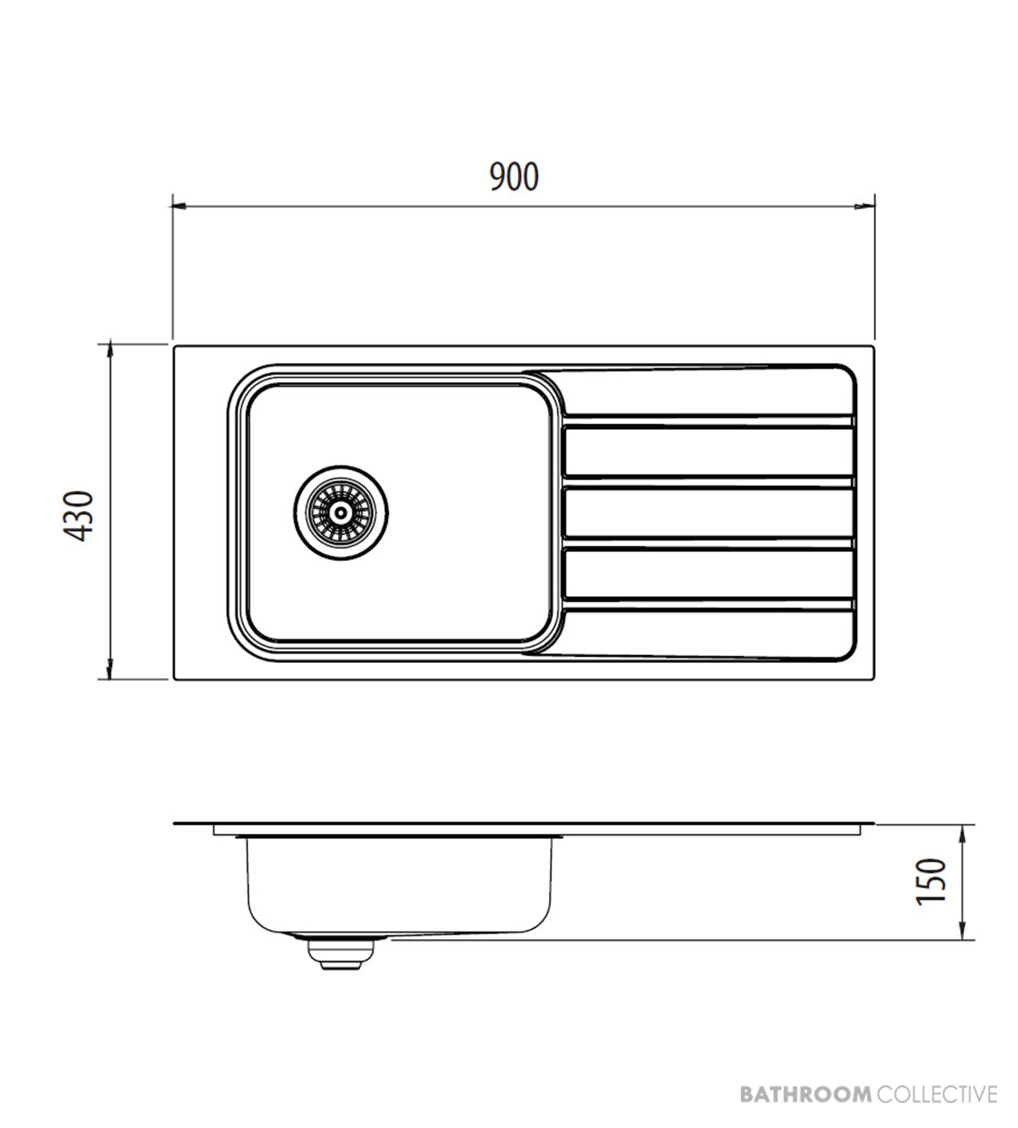 Oliveri Puro Topmount Single Bowl Sink 900mm, Right Drainer, 1th, Stainless PU2825