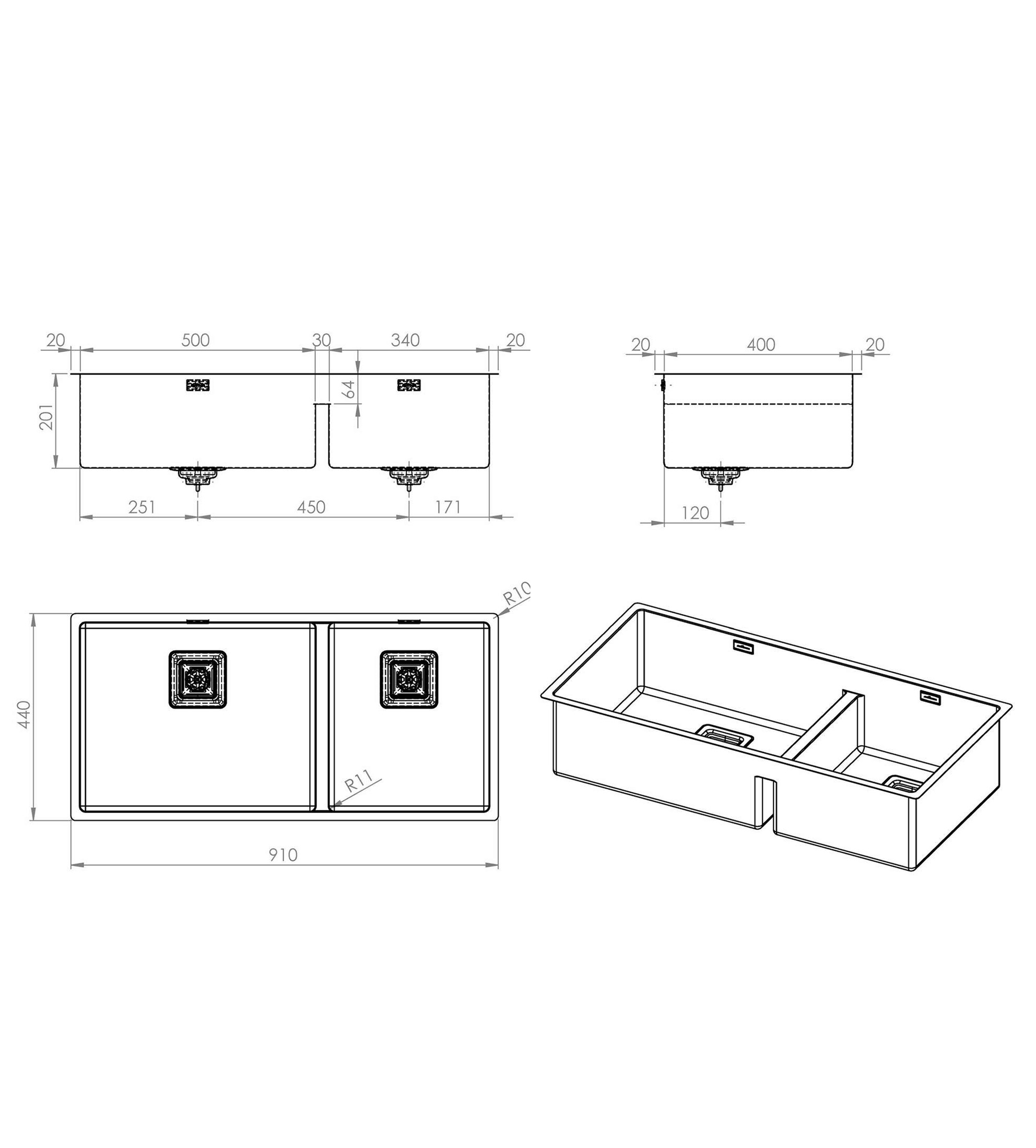 Artinox Radius Mose 500 x 400 & 340 x 400 Double Bowl Kitchen Sink Incl. Strainer & Chopping Board, Stainless Steel