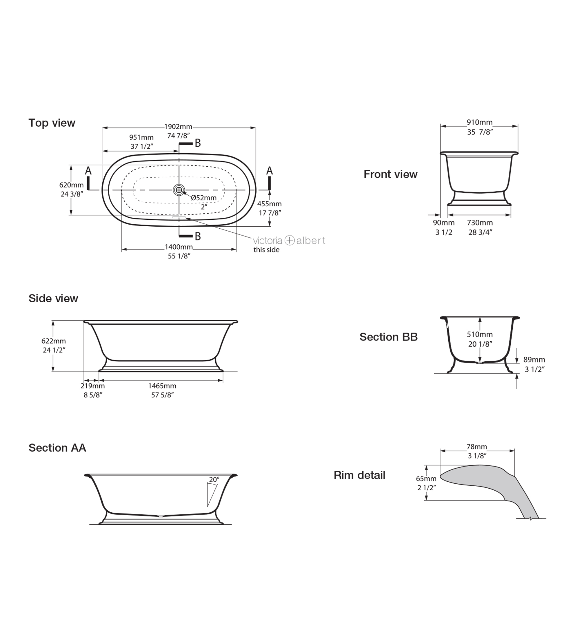 Victoria & Albert Elwick 1902mm Stone Freestanding Bath, Gloss White