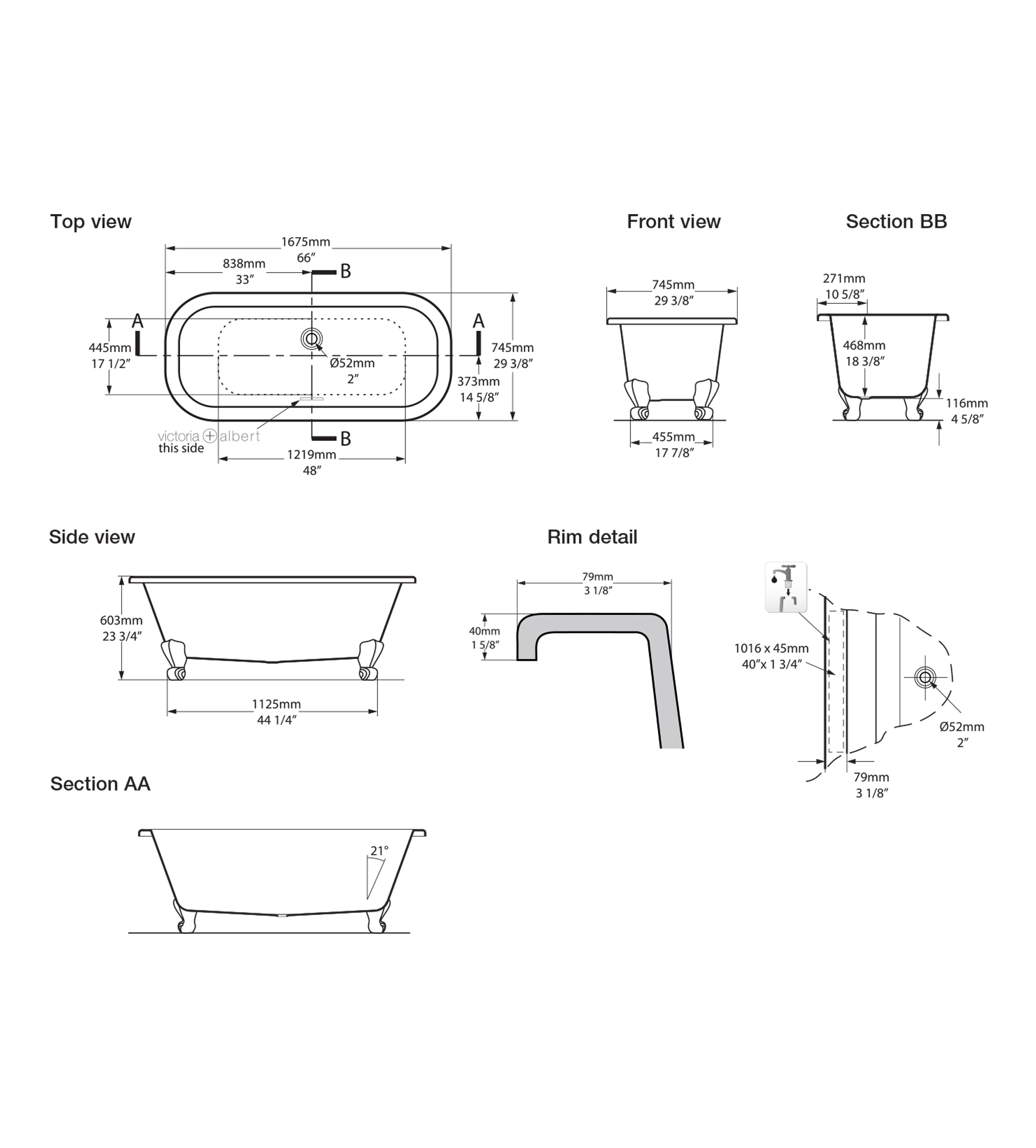 Victoria & Albert Richmond 1675mm Stone Bath with Ball + Claw Feet, Gloss White