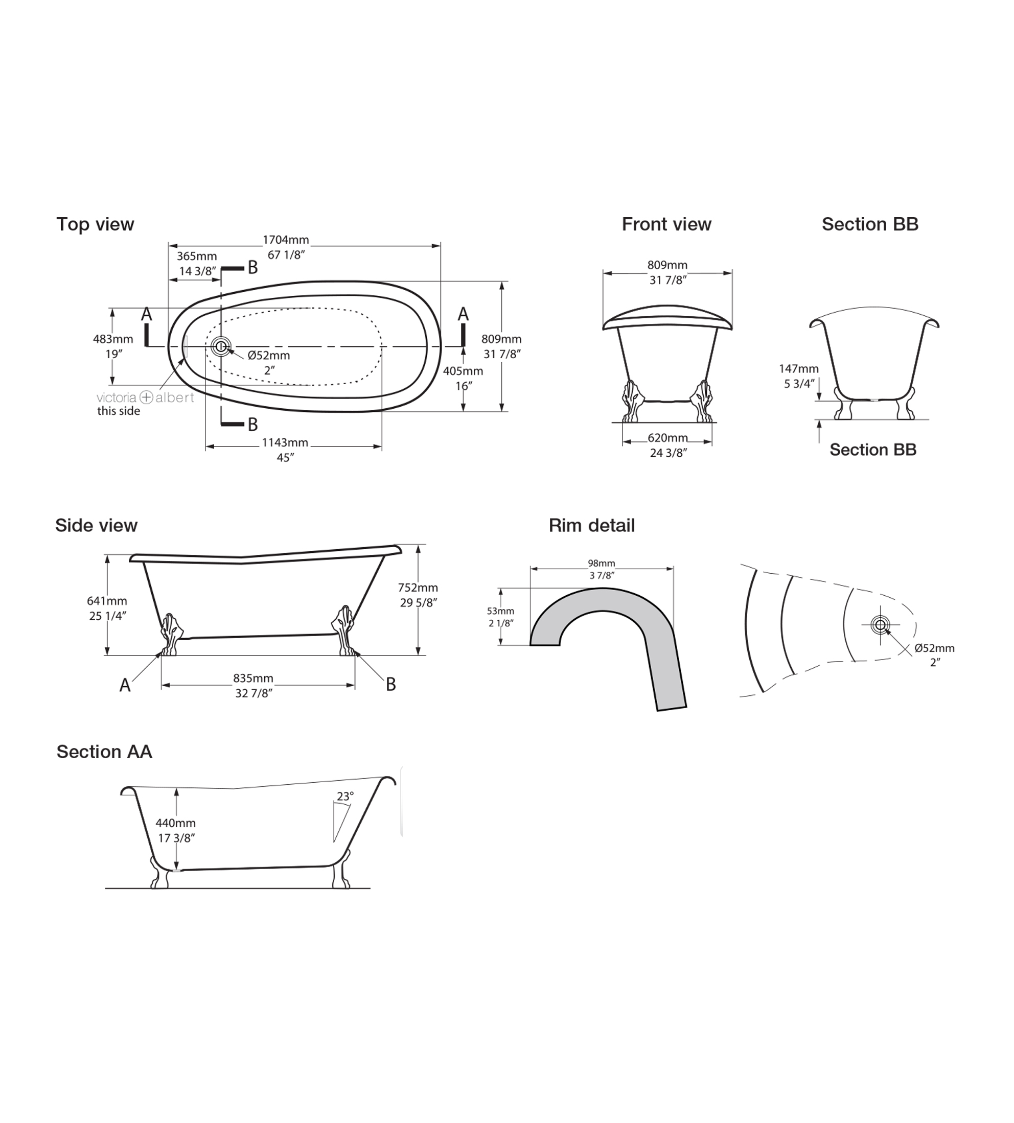 Victoria & Albert Roxburgh 1704mm Stone Bath with Lion’s Paw Feet, Polished Chrome