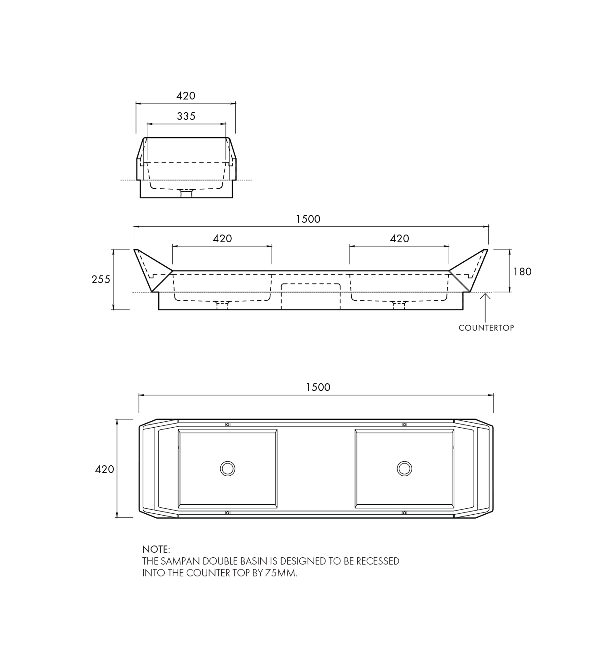 Apaiser Sampan Double 1500mm Stone Basin